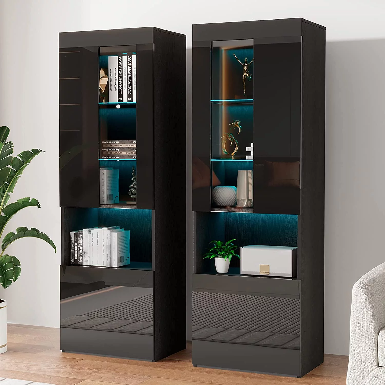 AMERLIFE 2 Piece Bookcase Storage Cabinet, Modern Wood High Gloss LED Bookshelf Display with 3-Tier Adjustable Glass Shelves&Lower Storage for Living Room Bedroom Study Office, Black