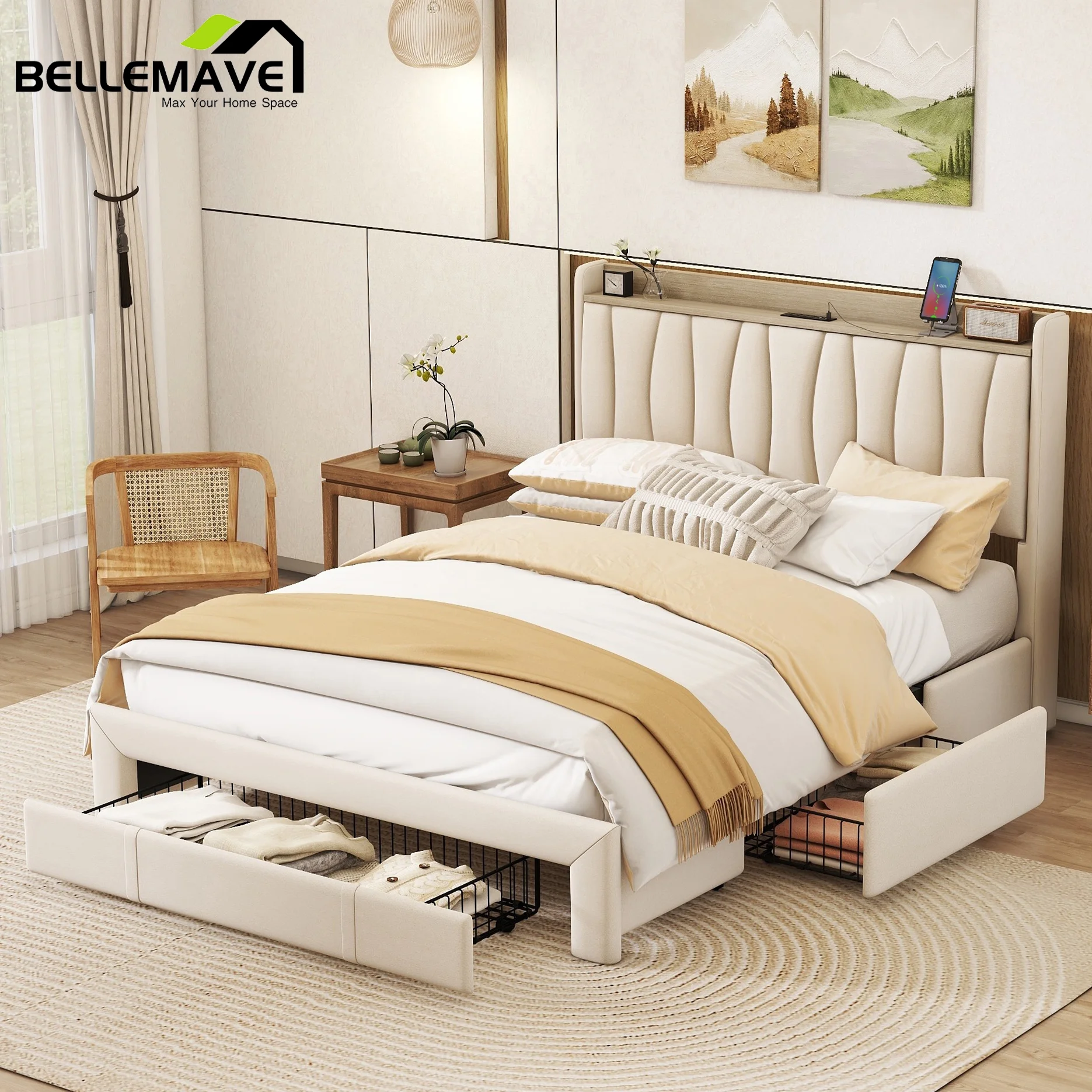 Bellemave Queen Size Bed Frame with 3 Drawers, Upholstered Platform Bed with Storage Headboard and Charging Station, No Box Spring（Beige）