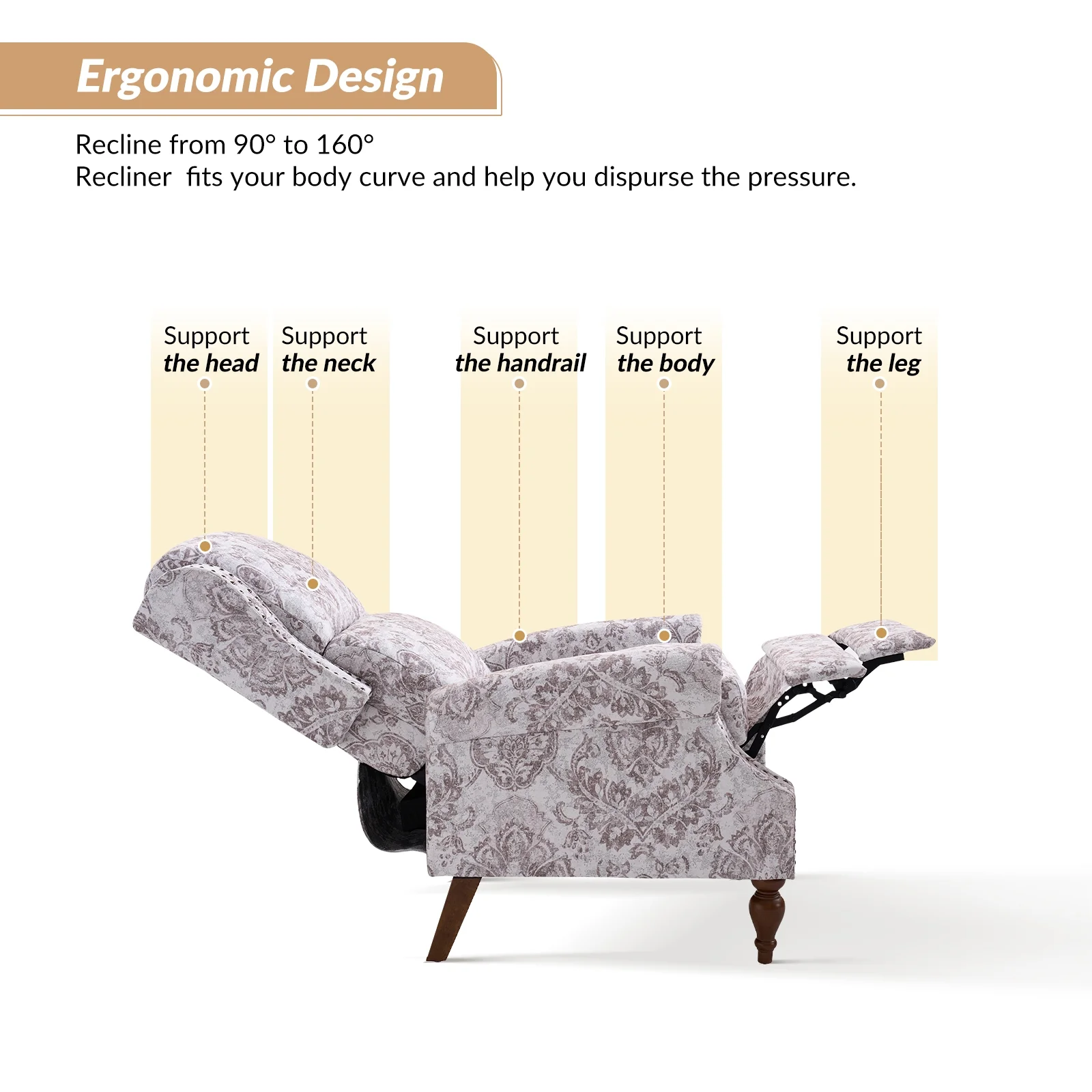 Recliner Chairs Push Back Set of 2 Upholstered Mid Century Wingback Armchairs Fabric Sofa Home Theater Couches Wood Legs Home Living Room Beige Pattern