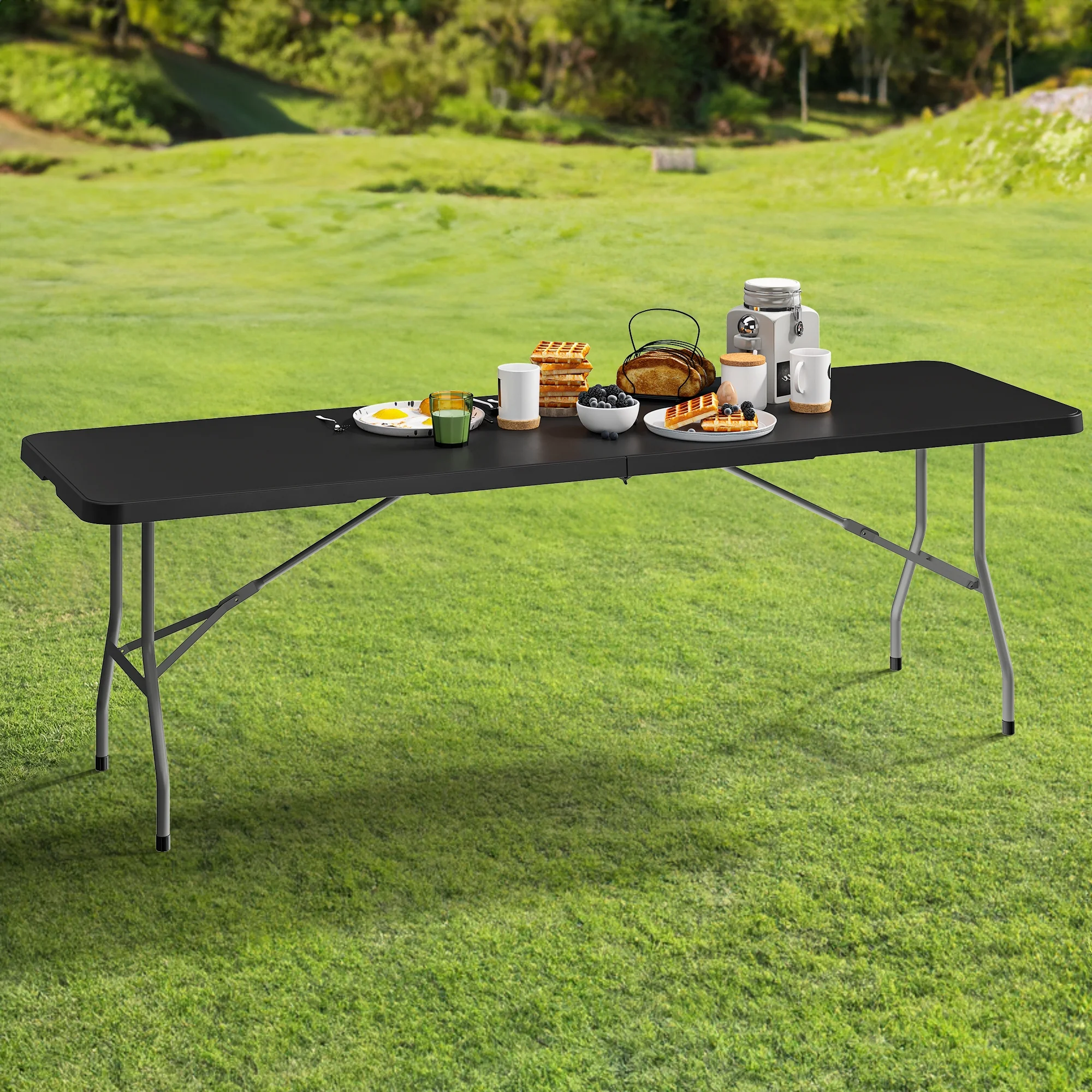 Dextrus 8FT Folding Tables, Heavy Duty Folding Table with Carrying Handle, Plastic Fold up Table for Outdoor Camping Picnic Parties/Indoor Events, Black