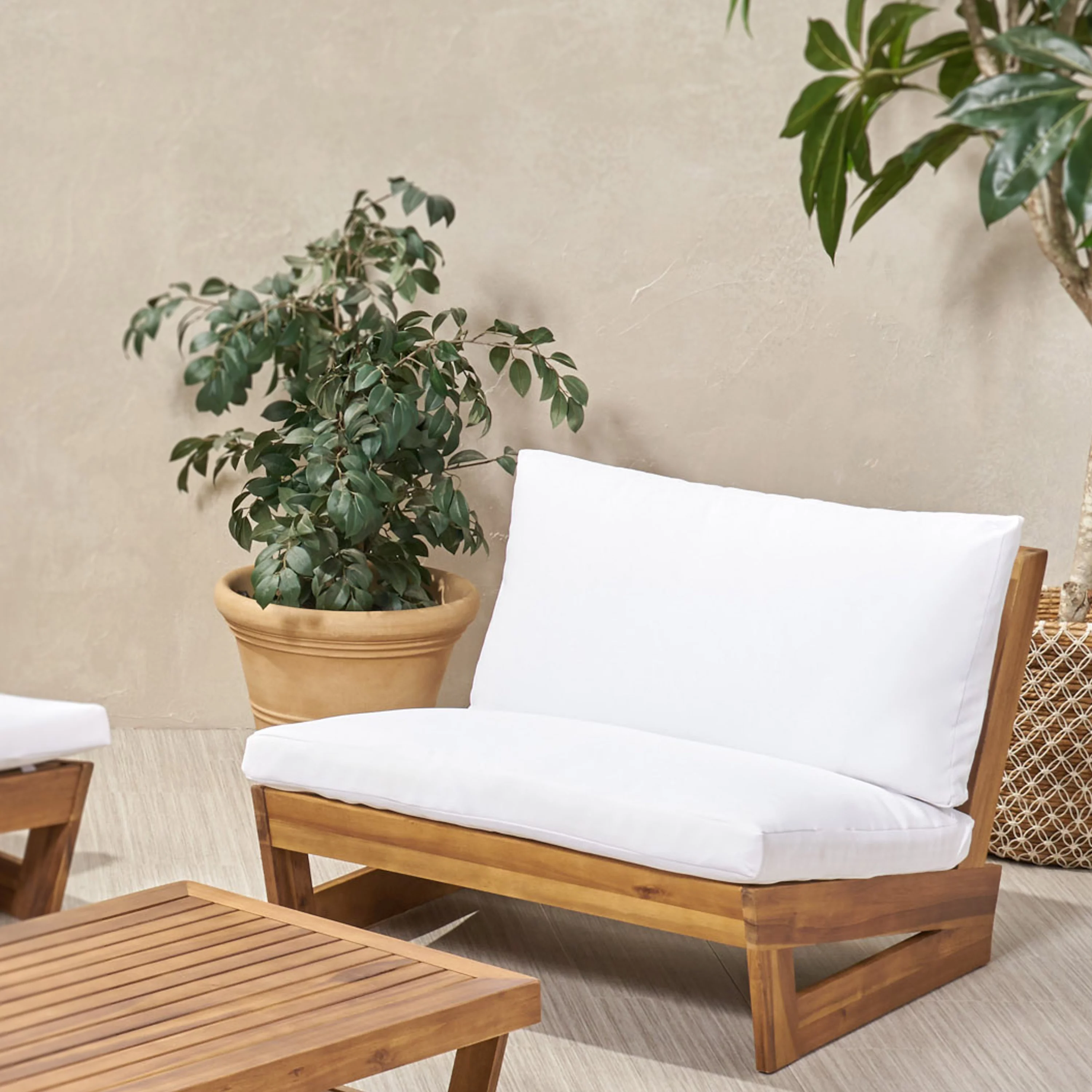 GDF Studio Elloree Outdoor Acacia Wood Club Chair with Cushions, Teak and White