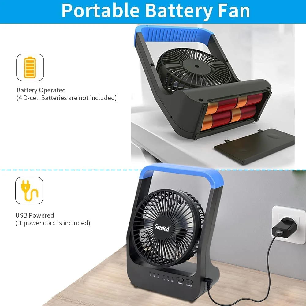 Gazeled Battery Operated Fan, Camping Fan Battery Powered, Super Long Lasting, Portable D-Cell Battery Powered Desk Fan with Timer,3 Speeds, Quiet, 180° Rotation, for Office,Bedroom,Outdoor, 5'',Blue