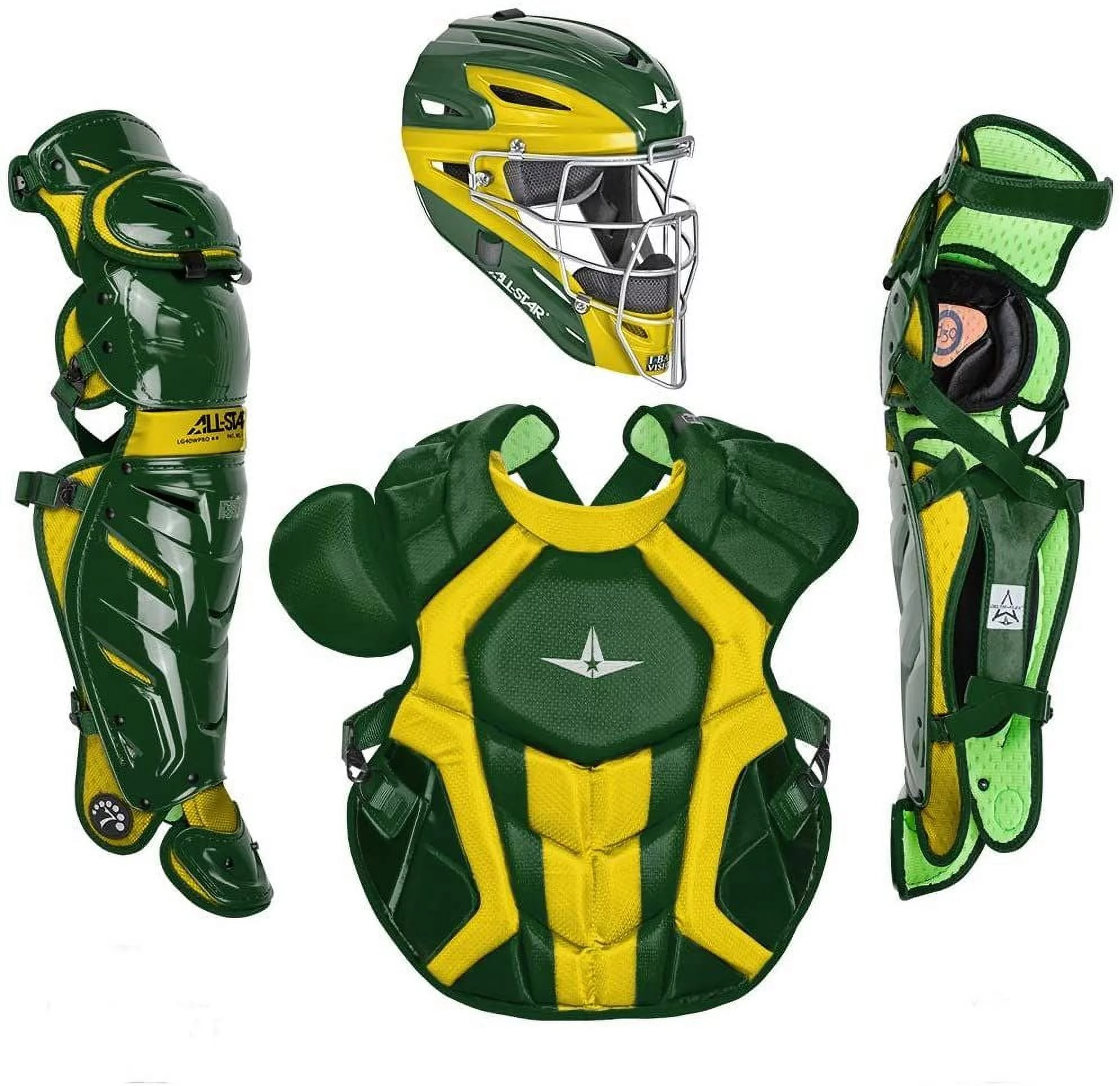 All-Star System7 Axis NOCSAE Adult Two Tone Baseball Catchers Set, Dark Green/Gold