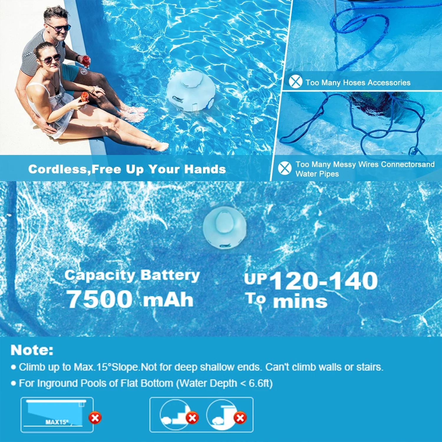 Kalamotti Cordless Robotic Pool vacuum Cleaner 7500mAh Rechargeable Battery Water Sensor Automatic Technology Pool Vacuum, IPX8 Waterproof for In-Ground/Above Ground Swimming Pool Up to 430 ft²