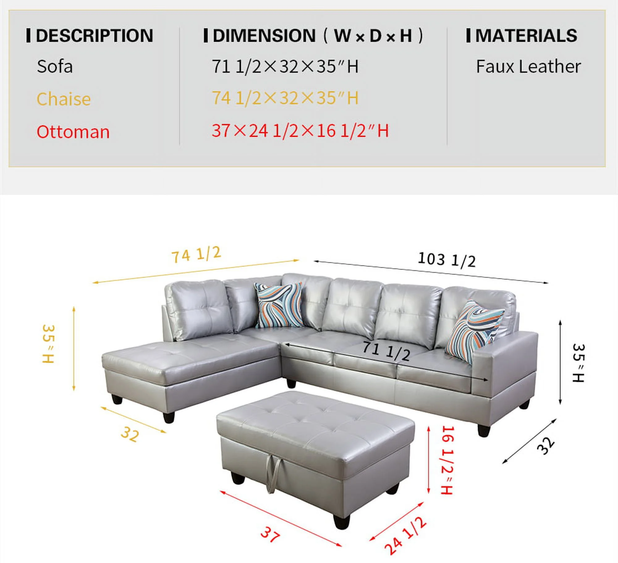 PonLiving Furniture Tyisha 103.5'' Sectional Sofa with Storage Ottoman, Left & Right Hand Facing, Leather Upholstered