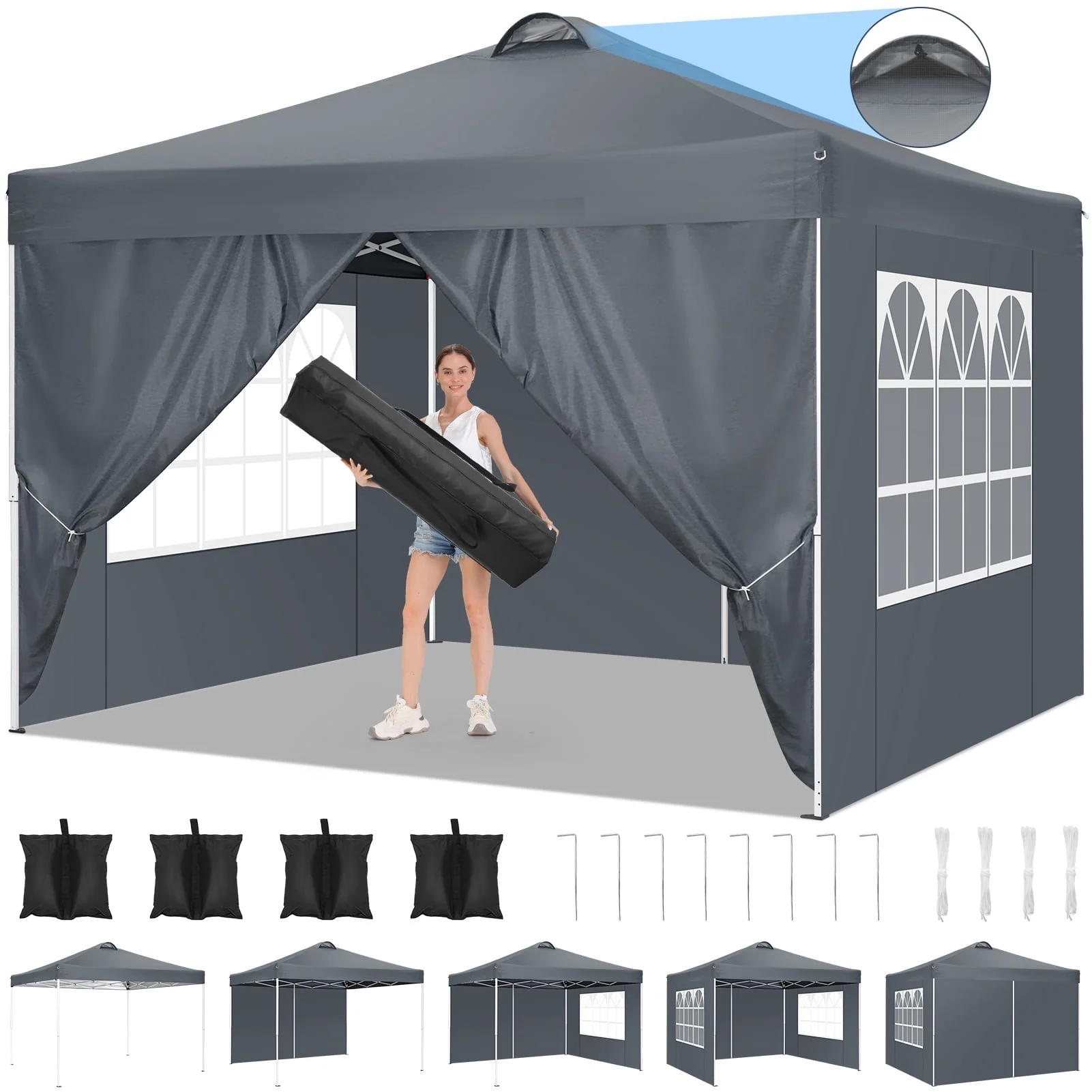10'x10' Pop up Canopy for Party, Outdoor Camping Instant Waterproof Gazebo, Sun Protected Adjustable Commercial Tent, with Vent on Top, 4 Removable Side Walls, 4 Sandbags, Carry Bag (Grey）