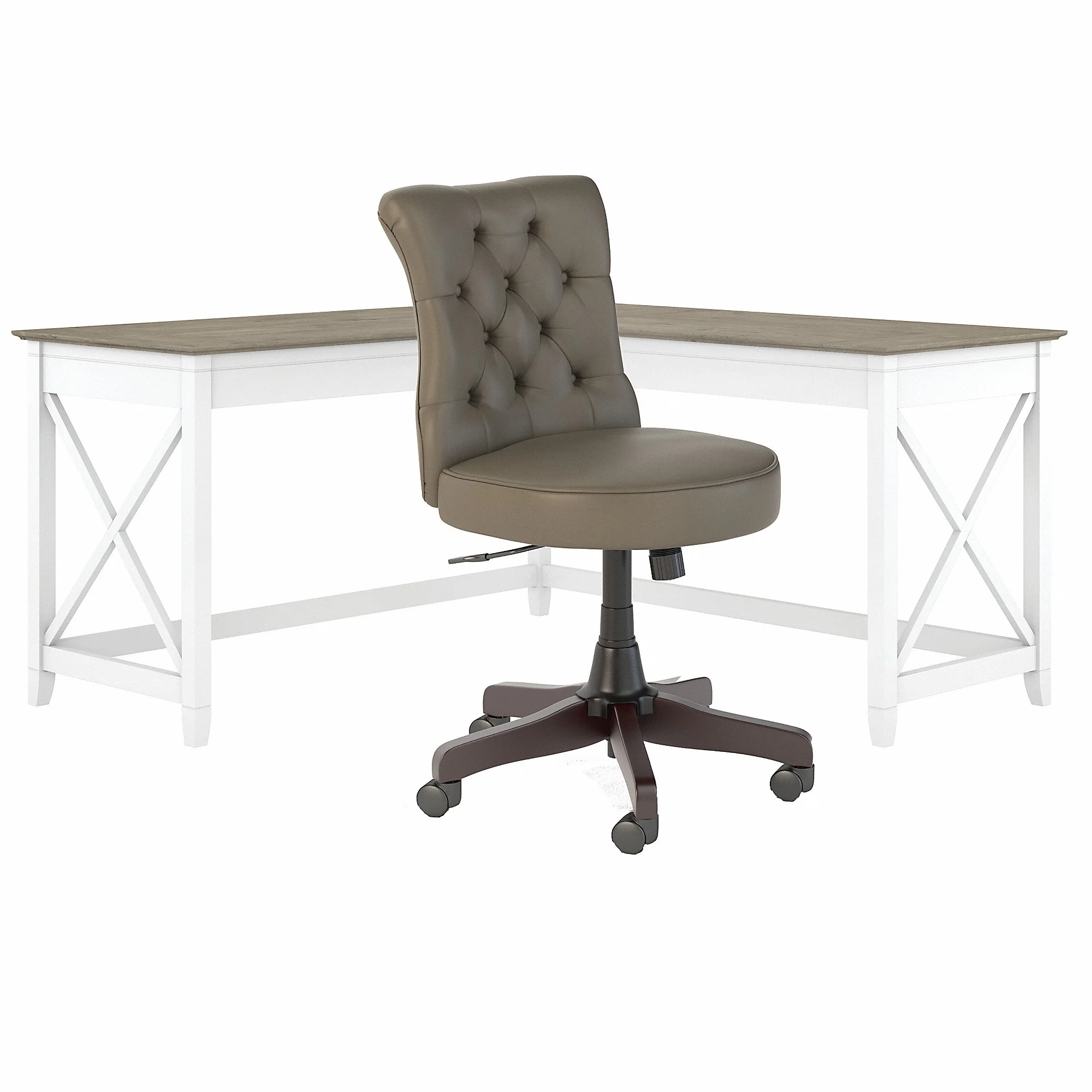 Bush Furniture Key West 60W L Shaped Desk with Mid Back Tufted Office Chair in Pure White and Shiplap Gray