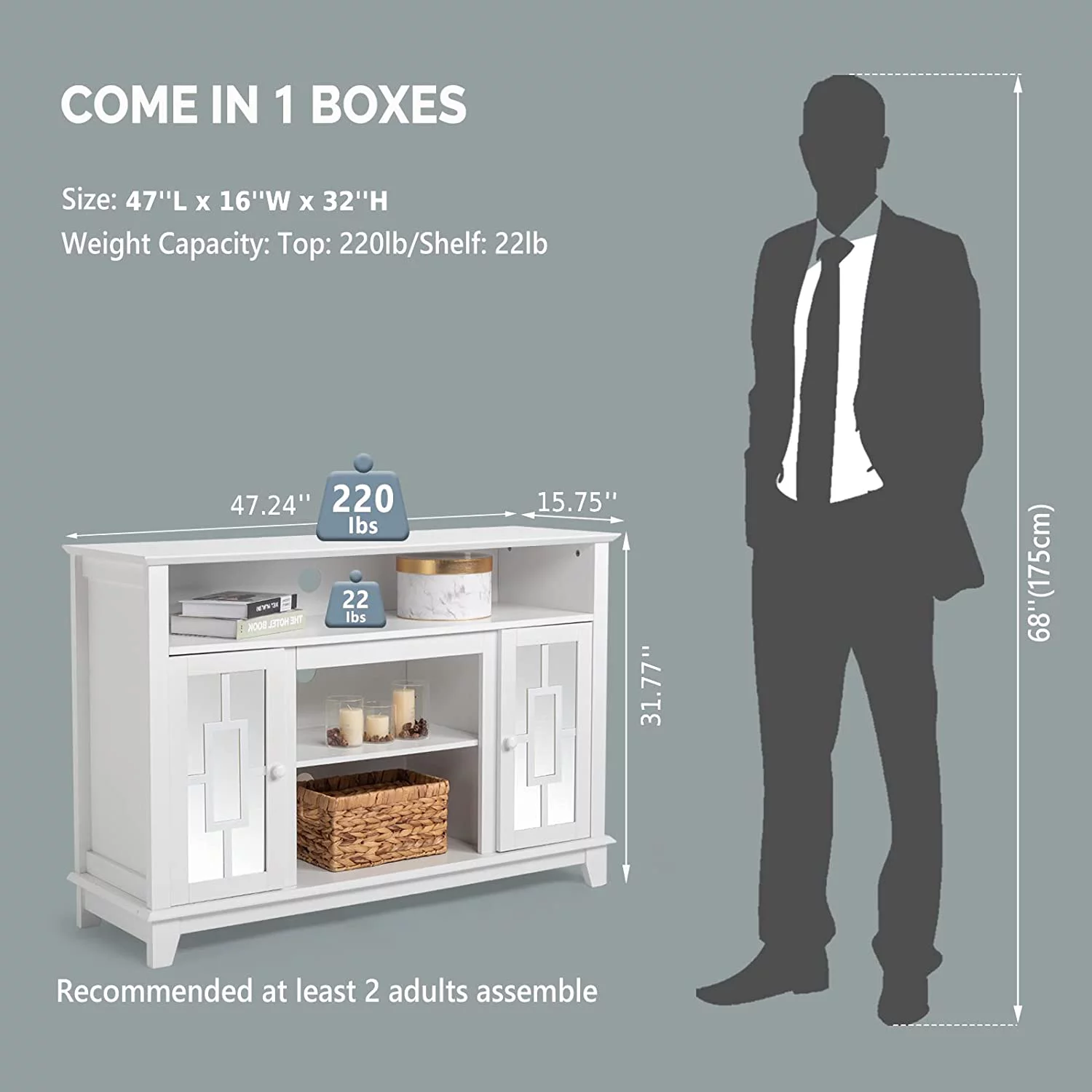 TV Stand for 55 inch TV  White TV Stand Entertainment Center  Mirror Doors