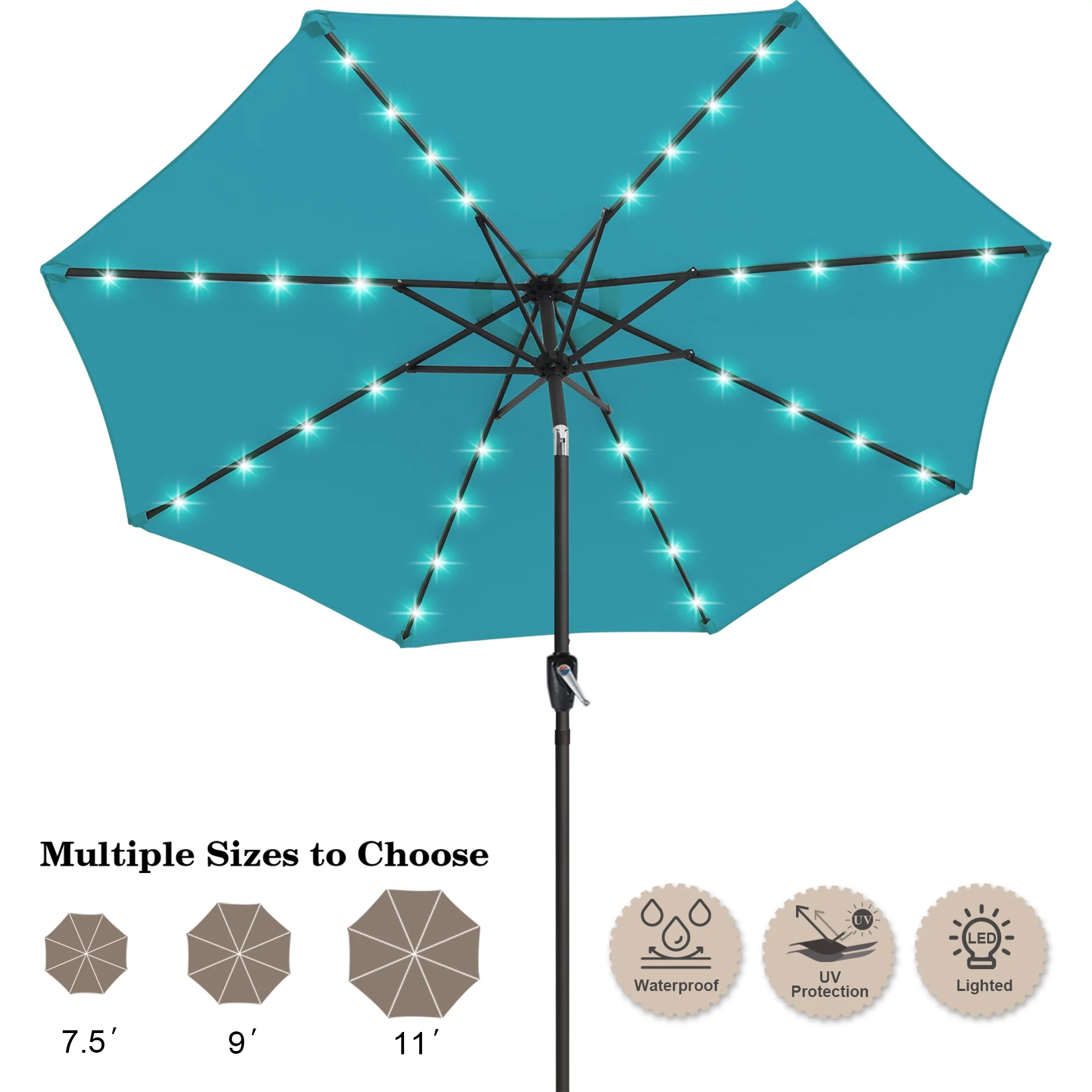 ABCCANOPY 10.5ft Patio Solar Umbrella LED Outdoor Umbrella with Tilt and Crank, Turquoise