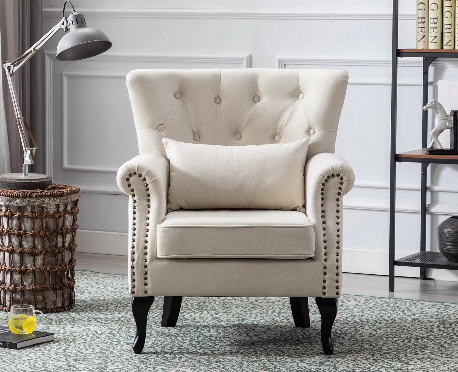 Guyou Mid Century Accent Chair Modern Button Tufted Armchair Wingback Club Chair Linen Single Sofa Lounge Chair with Pillow for Living Room Bedroom, Beige