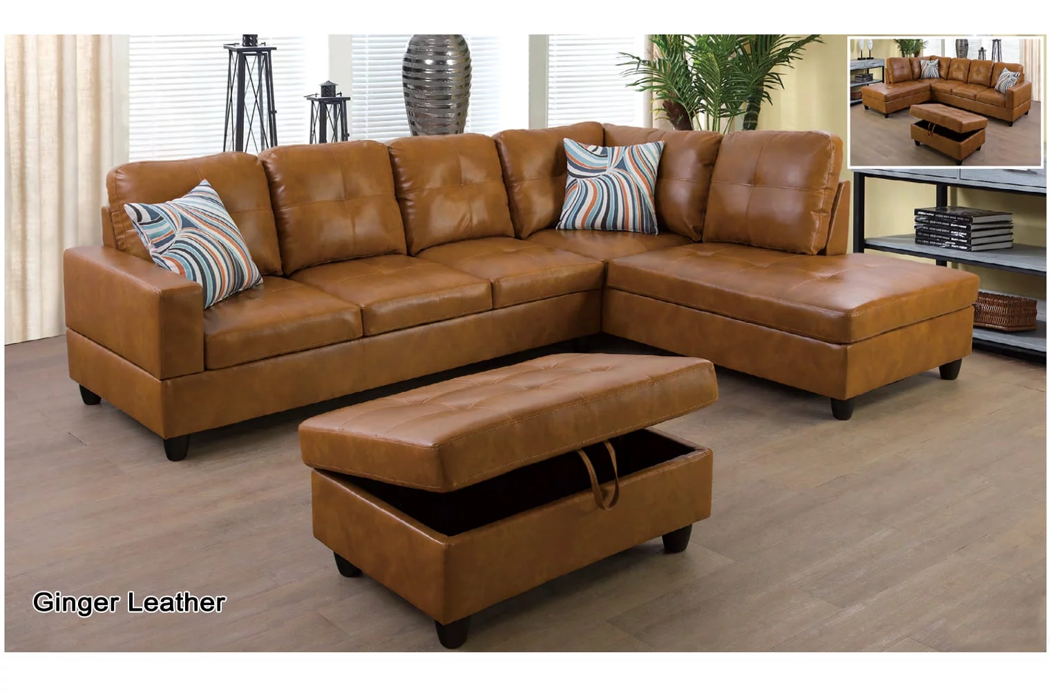 Ainehome Furniture Ginger Leather Sectinal Sofa Set, L-Shaped Modern & Contemporary Sofa with Chaise Storage Ottoman for Living Room Furniture - Right Hand Facing