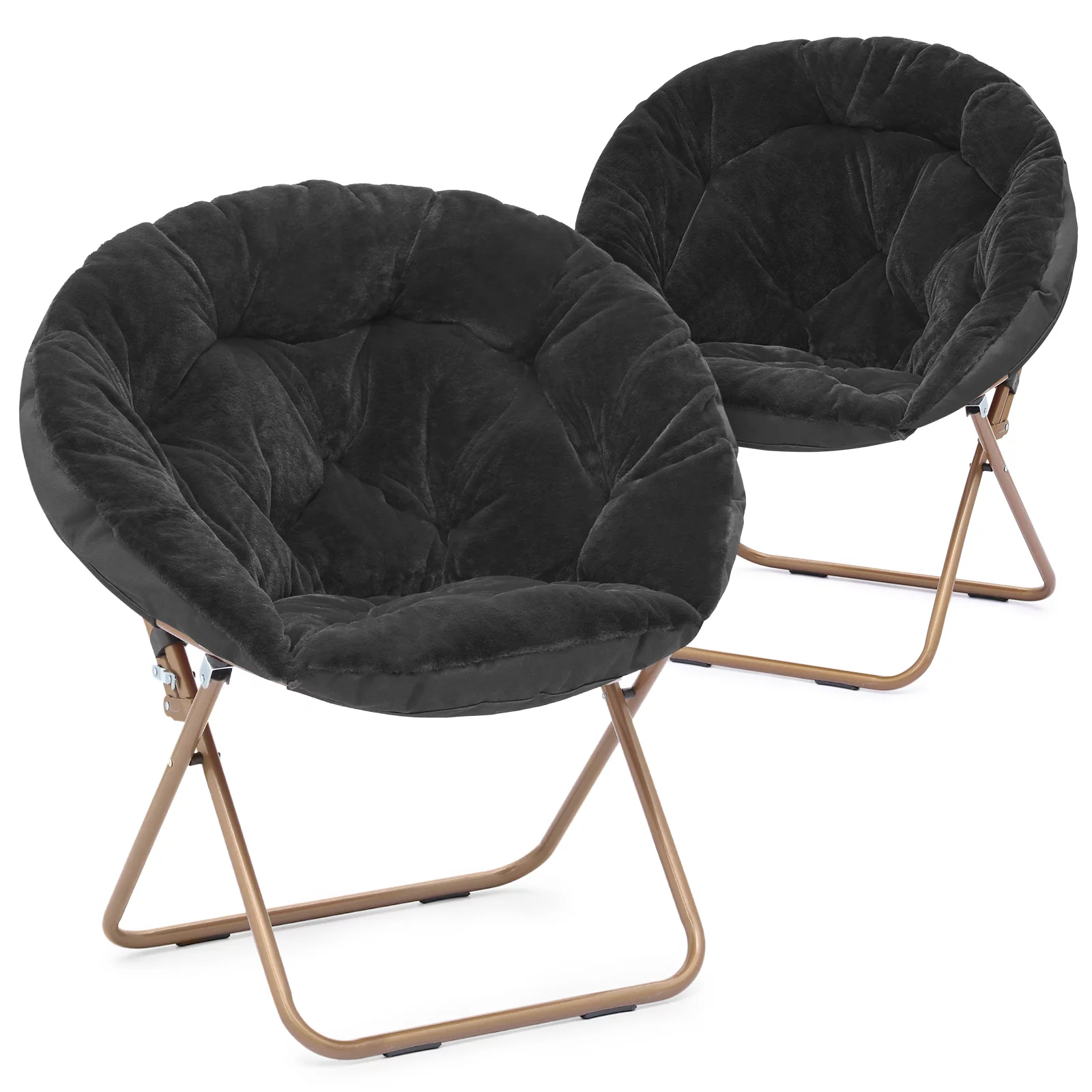 MoNiBloom Set of 2 Saucer Chair Soft Faux Fur Folding Accent Chair, Lounge Lazy Chair Moon Chair with Metal Frame for Bedroom Living Room, Black