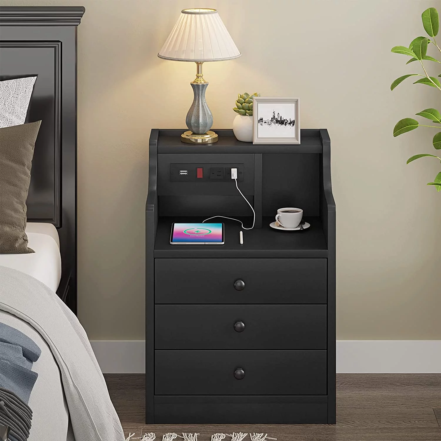 Nightstand Set of 2 with Charging Station, Bedside Table with Hutch and Storage Drawers, Black