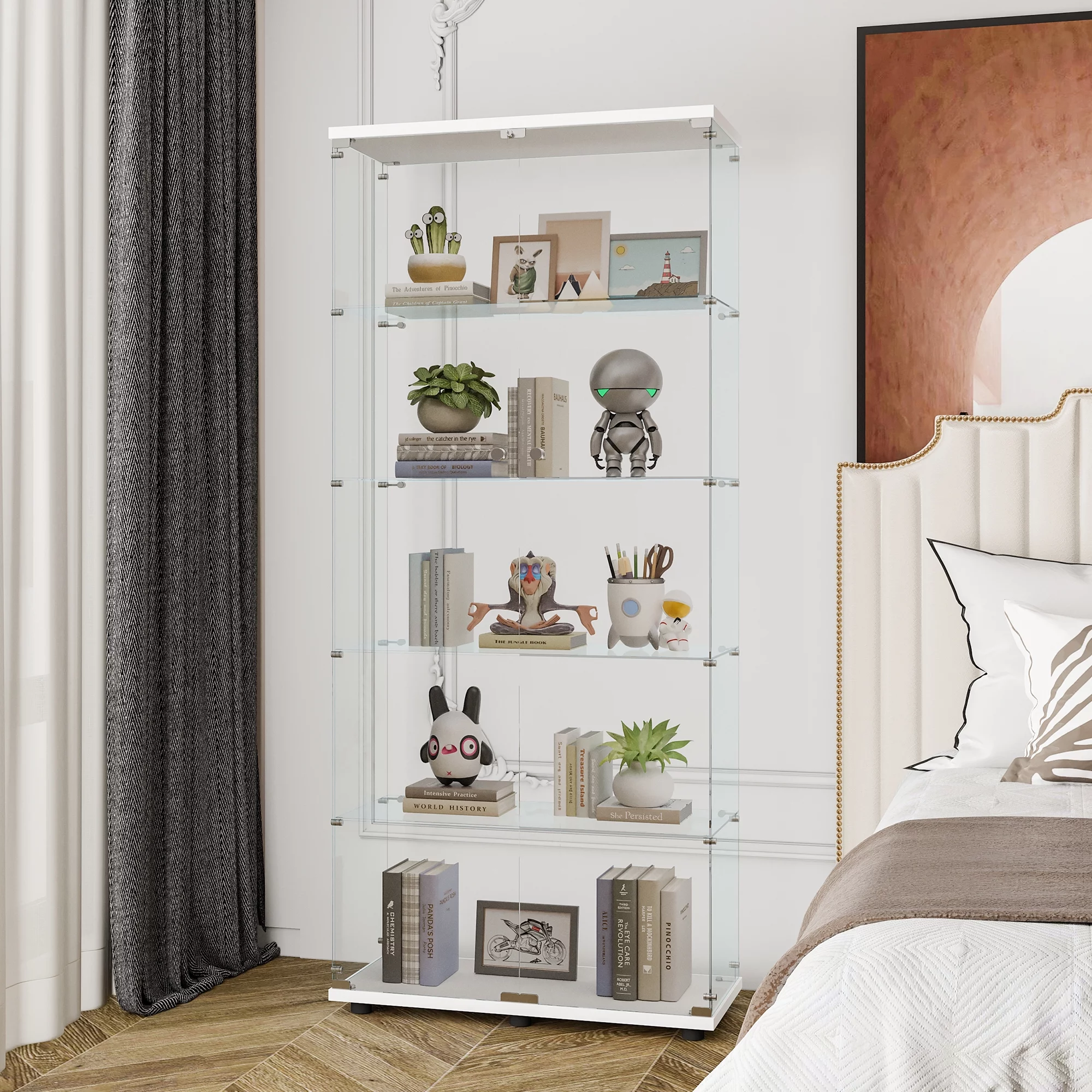 5-Shelf Glass Display Cabinet, Display Cabinet with Two Door, Fast Installation, Floor Standing Curio Cabinets Bookshelf Display Case for Living Room Bedroom, Trophy Case with Handle&Lock, White
