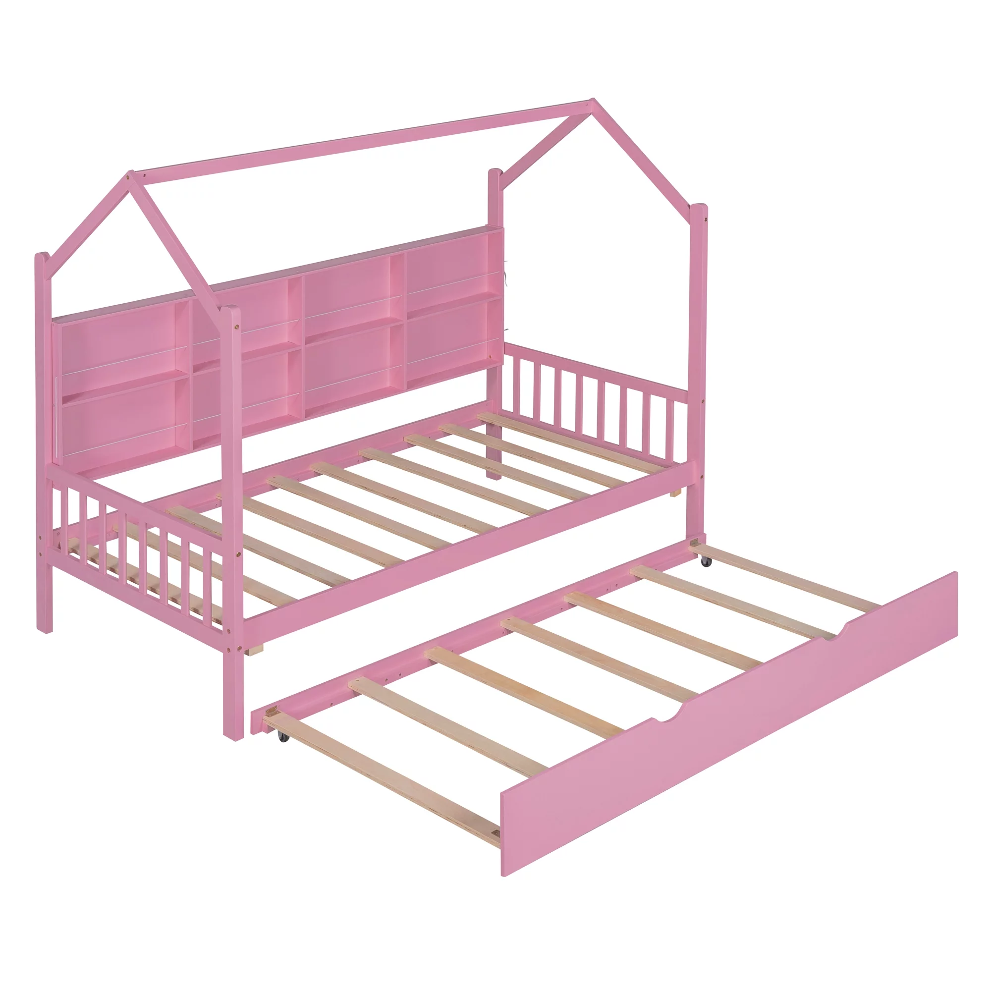 Swivelife Wooden Twin Size House Bed with Trundle,  Kids Bed with Shelf for Kids Room, Pink
