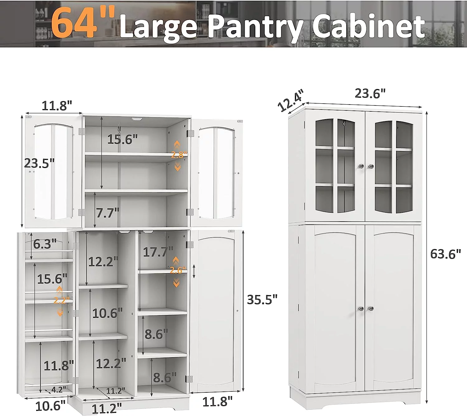 Tolead Wood Kitchen Pantry Storage Cabinet with Doors and Shelves, Saving Space, Large, White