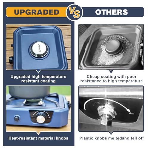 Upgraded WINKIZA 2 Burner Propane Camping Stove with Grill, Foldable Camp Stove with 16,000 BTU, Two Adjustable Burners with Piezo Ignition & Easy Carrying Handle, Portable Stove for Camping, BBQ