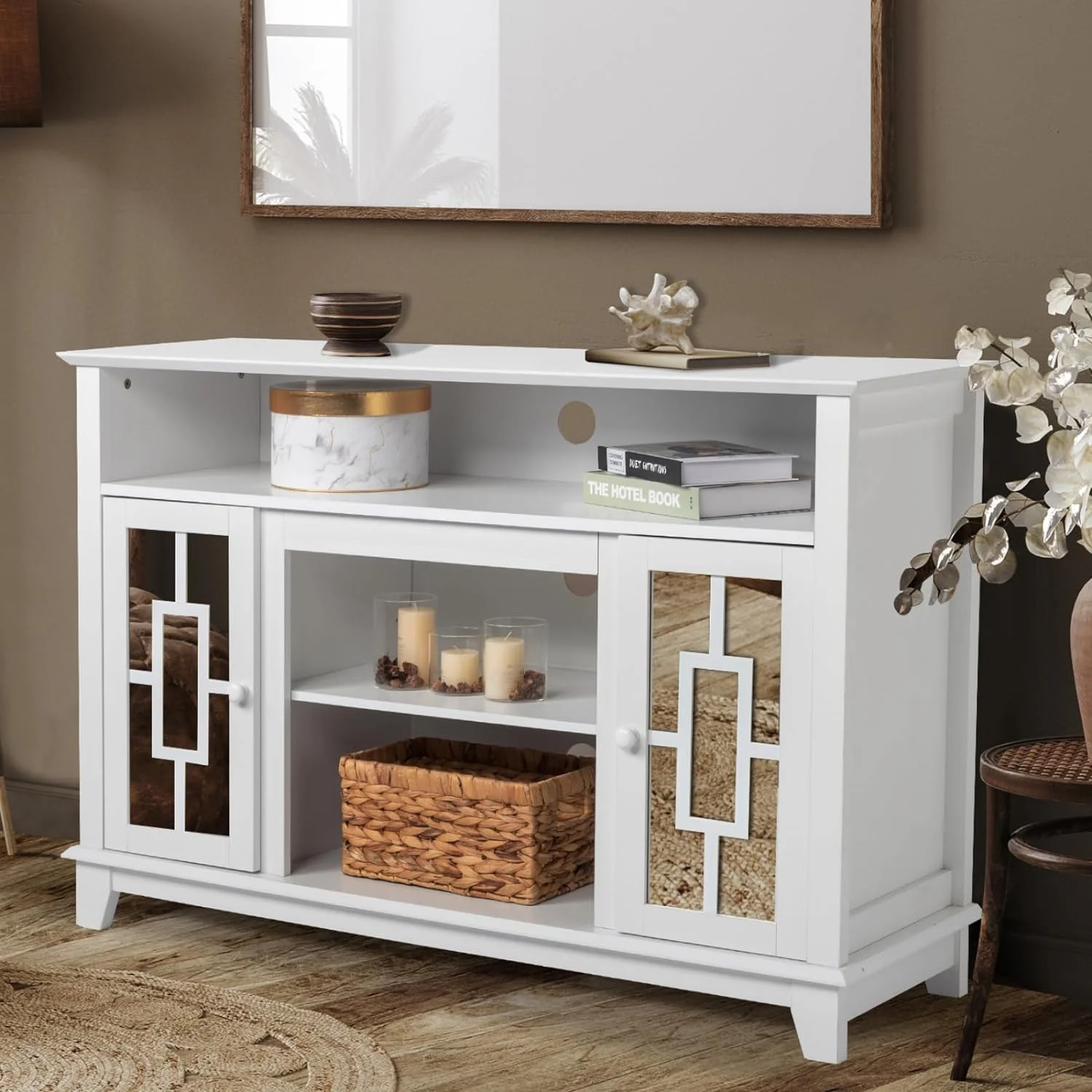 TV Stand for 55 inch TV  White TV Stand Entertainment Center  Mirror Doors