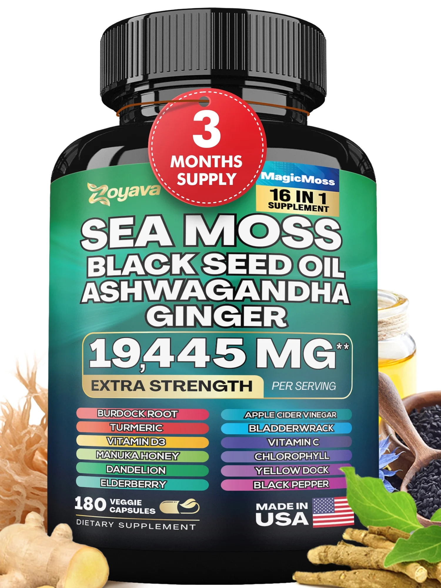 Zoyava Sea Moss Blend, 19,445 MG All-in-One Formula with over 15+ Super Ingredients, Extra Strength & High Potency (180 Capsules)
