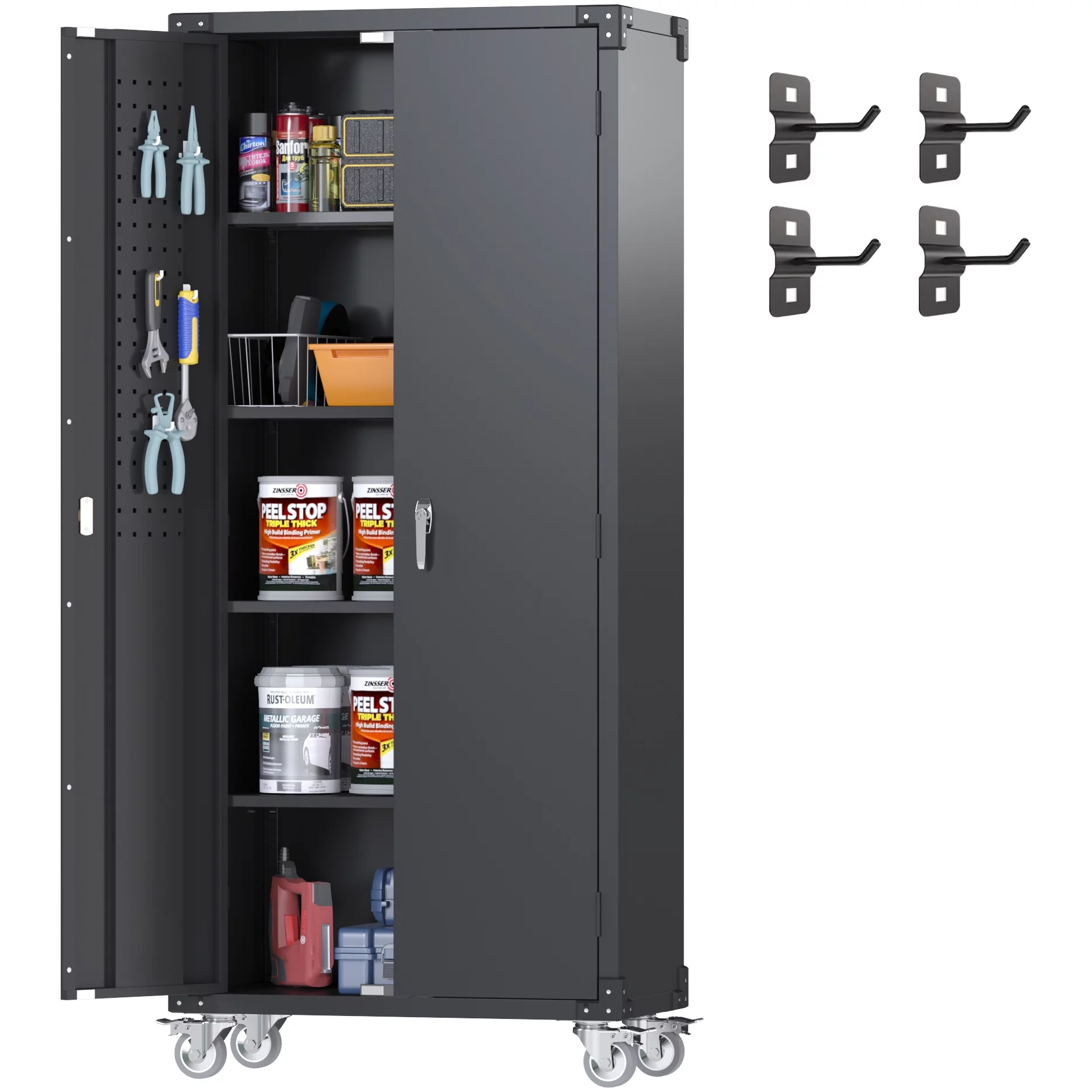 SUPEER 72 Inches Black Metal Storage Cabinet with Wheels and Pegboard, Rolling Storage Garage Cabinet with Adjustable Shelves and Door for Garage, Office, Kitchen, Laundry Room, Assembly Required