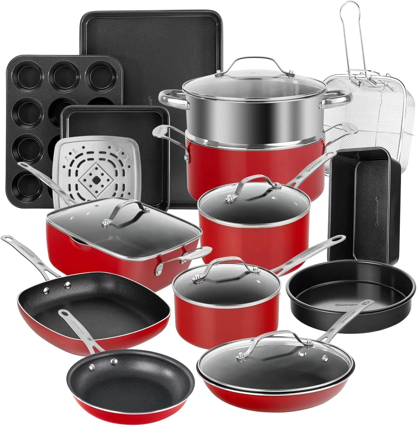 Excellent en Red Pots and Pans Set Nonstick  20 Pc Kitchen Cookware Set & Bakeware Set with Mineral & Diamond Coating  Long Lasting Nonstick  Ultra Durable  Oven and Dishwasher Sa