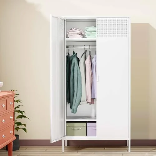 KHBIULIFE Metal  Cabinets Locker with Hanging Rod and Adjustable Shelves  71'' Clothing Steel  Wardrobe for Home ; Office  School  Employee Gym(White)