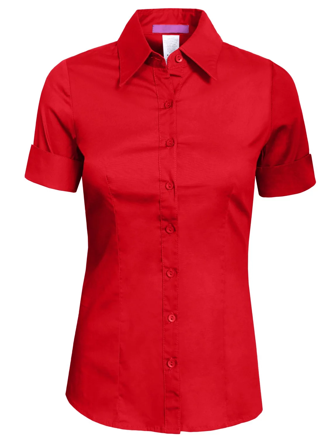 J. METHOD Women's Tailored Button Down Shirt Cuffed Short Sleeve Stretch Collar Office Work Formal Casual Basic Blouse Top NEWT06 Red L