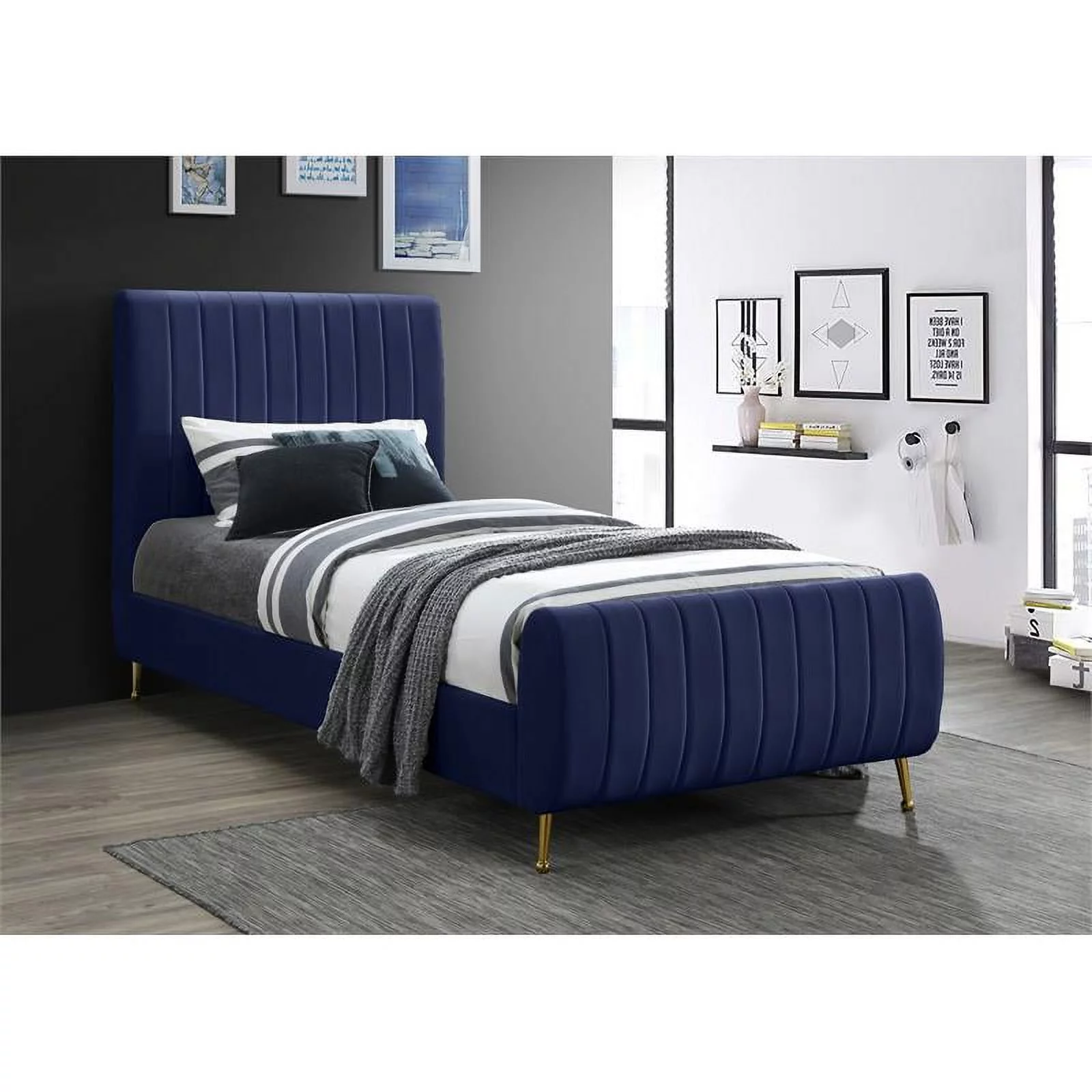 Meridian Furniture Zara Contemporary Navy Velvet Twin Bed