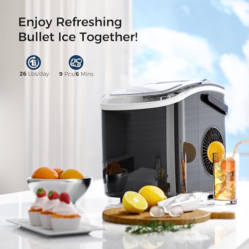 AGLUCKY Ice Makers Countertop with Handle,26.5Lbs/24H,9 Cubes in 6 Mins,2 Sizes of Bullet Ice,Portable Ice Maker Machine with Self-Cleaning,Perfect for Home Kitchen(Black)