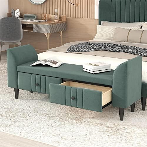 KBANZIBIU Foot of Bed  Bench 63" Velvet Rectangular  Ottoman Sofa Stool Bench Buttons Tufted Window Benches with Nailhead Trimmed and Pillow for Bedroom Living Room