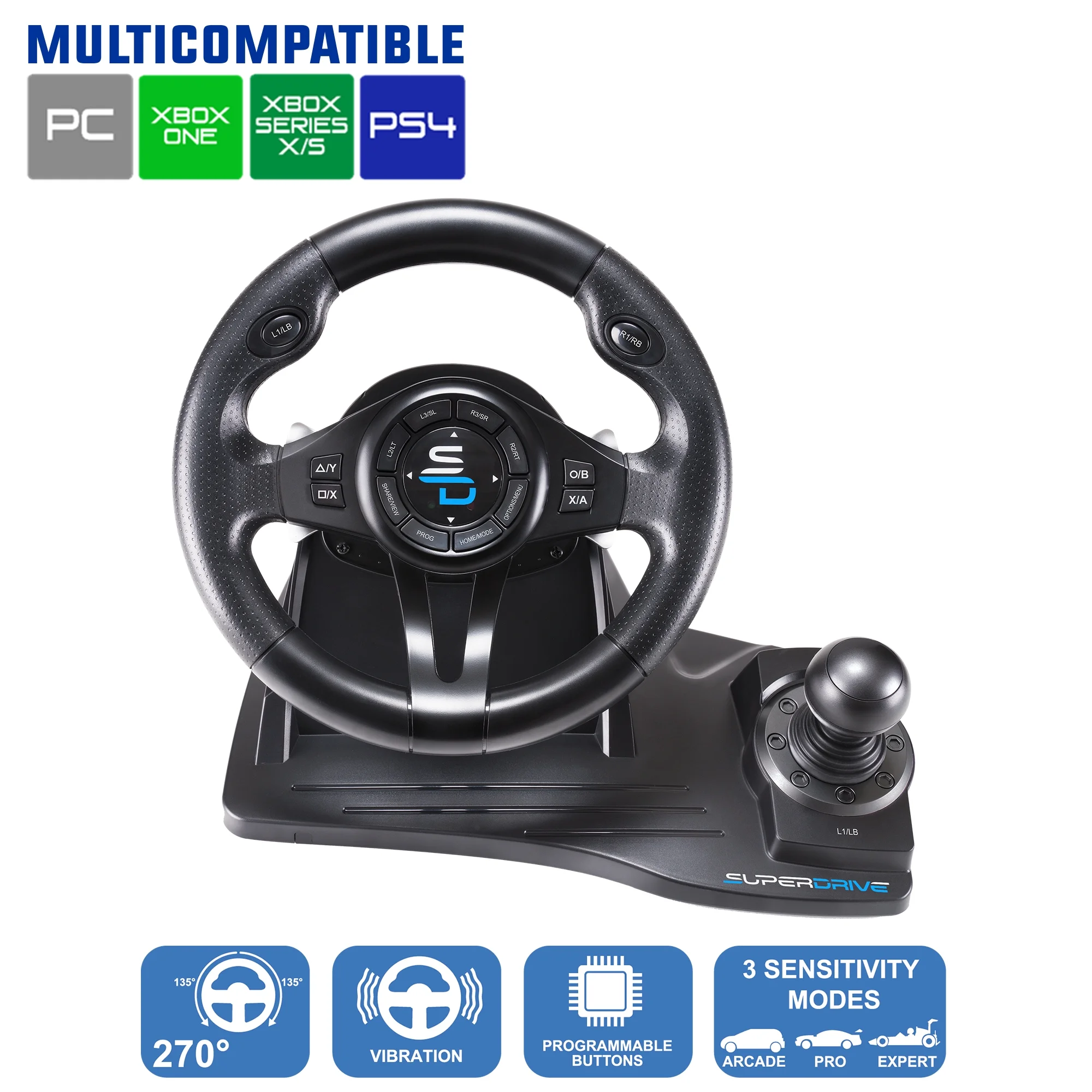 Superdrive - GS550 Racing steering wheel with Pedals, paddles shifter, shifter & vibration for Xbox Serie X/S, PS4, Xbox One, PC