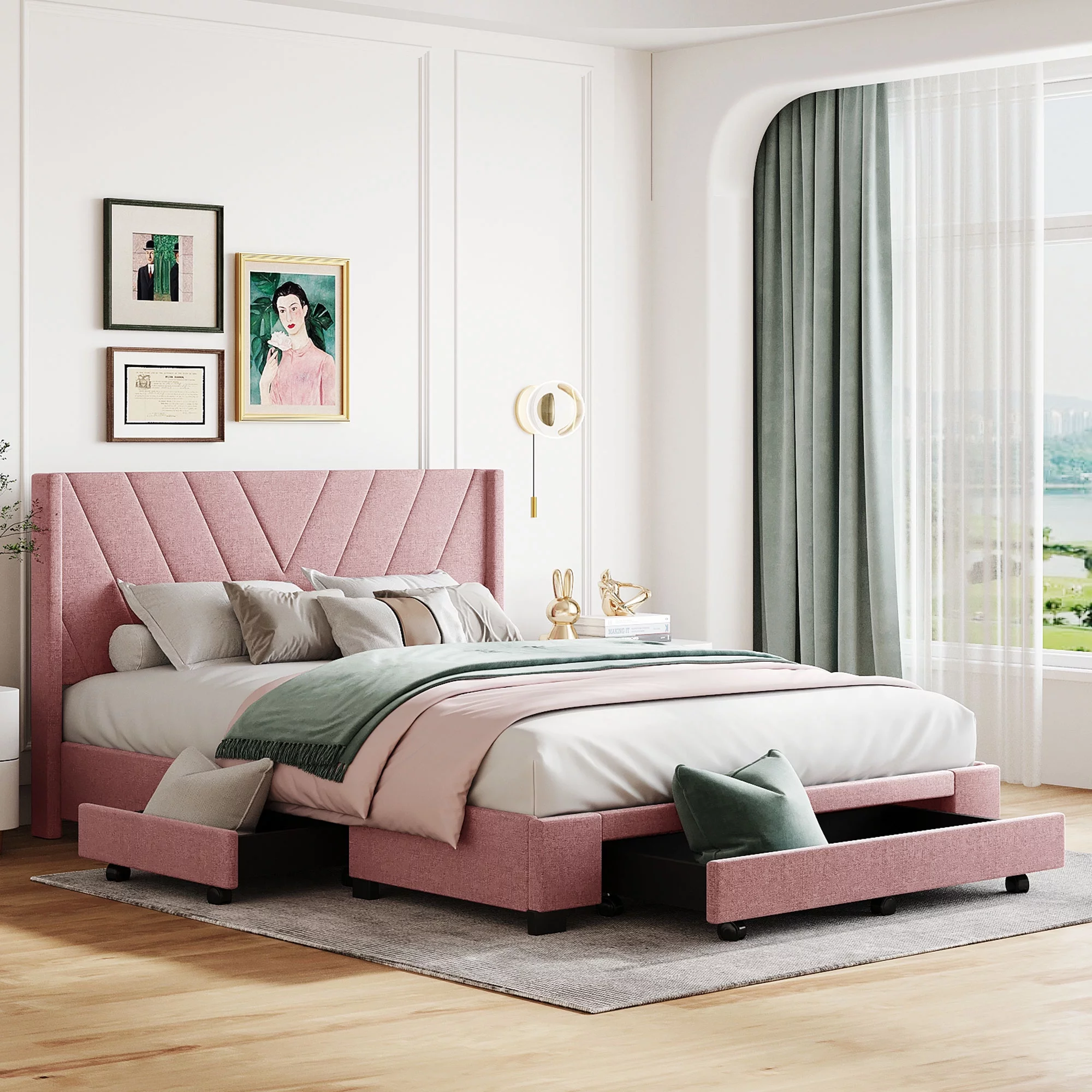 Bellemave Queen Size Linen Upholstered Platform Bed Frames with 3 Storage Drawers,Queen Storage Bed with Headboard & Wood Slat Support for Bedroom Boys Girls Small Space,Pink