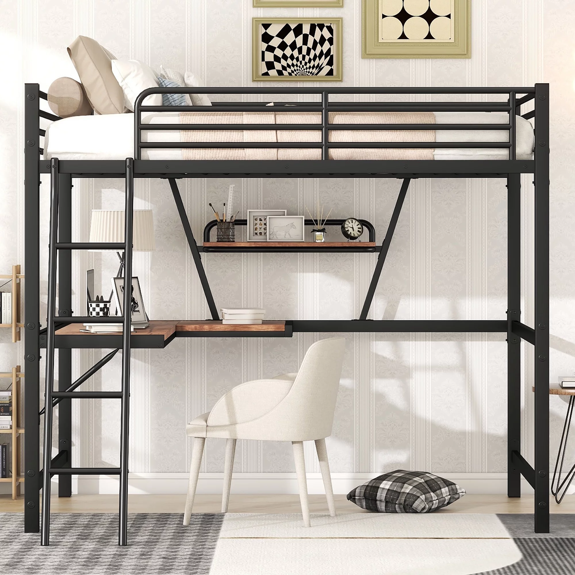 Churanty Metal Full Size Loft Bed with Desk for Kids Teens, Hight Full Loft Bed Frame with Small Shelf,Black