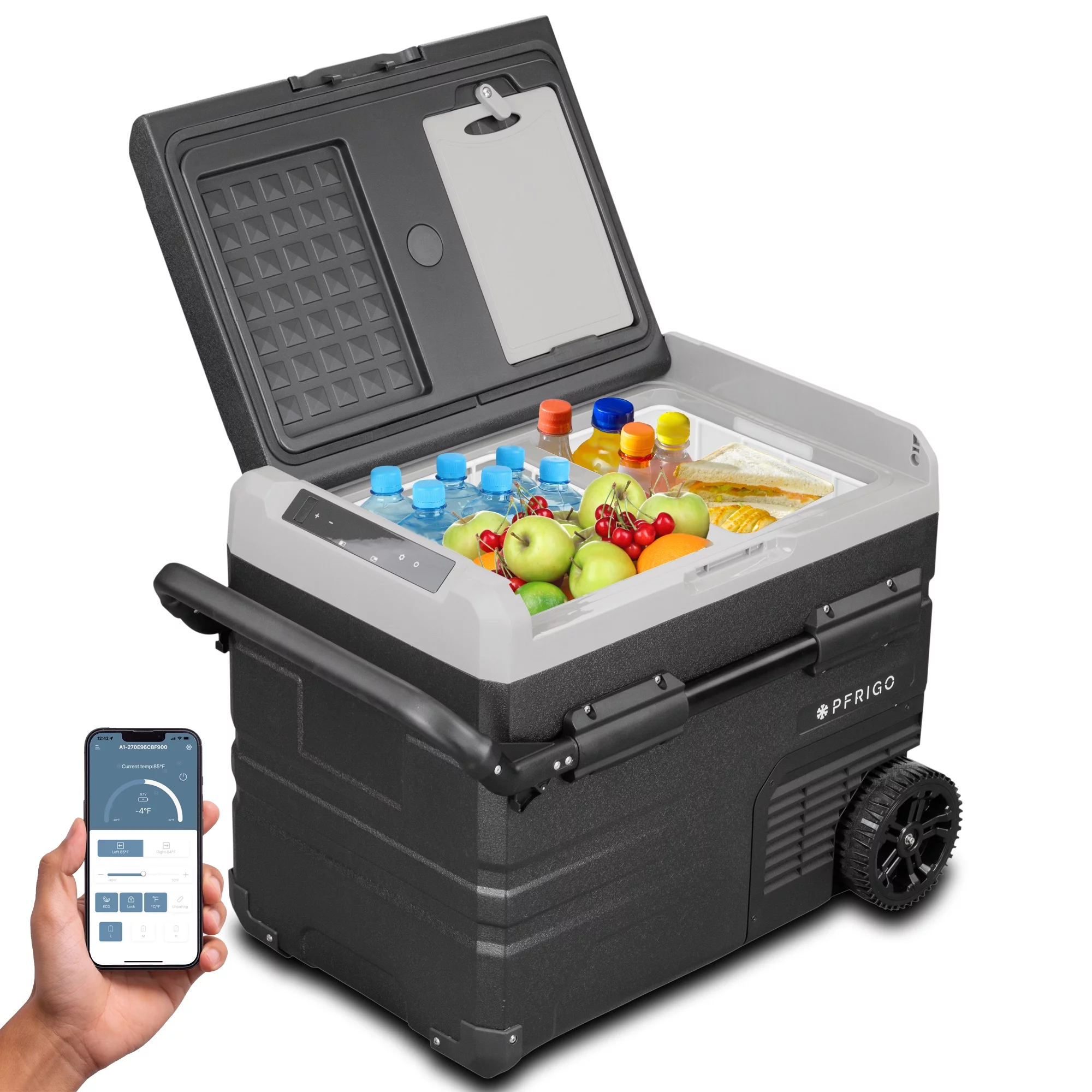 PFRIGO Car Fridge 48 Quart (45L) Portable 12v Cooler with Rolling Wheels, Pull Handle, Dual Temperature Control App, LED Touch panel and Quiet Electric Compressor for RV, Camping, Outdoor, and Travel