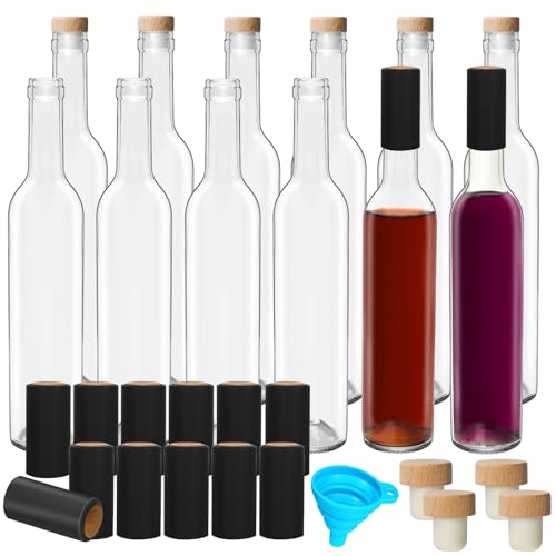 DHSBTLS 12 Pack 500 ml/16 oz Clear Glass Bottles With Cork Lids & Seal Shrink Capsules Caps,Home Brewing Wine & Juicing Bottles For Bordeaux Wine,Beverage, Sparkling Wine,Kefir,Decor
