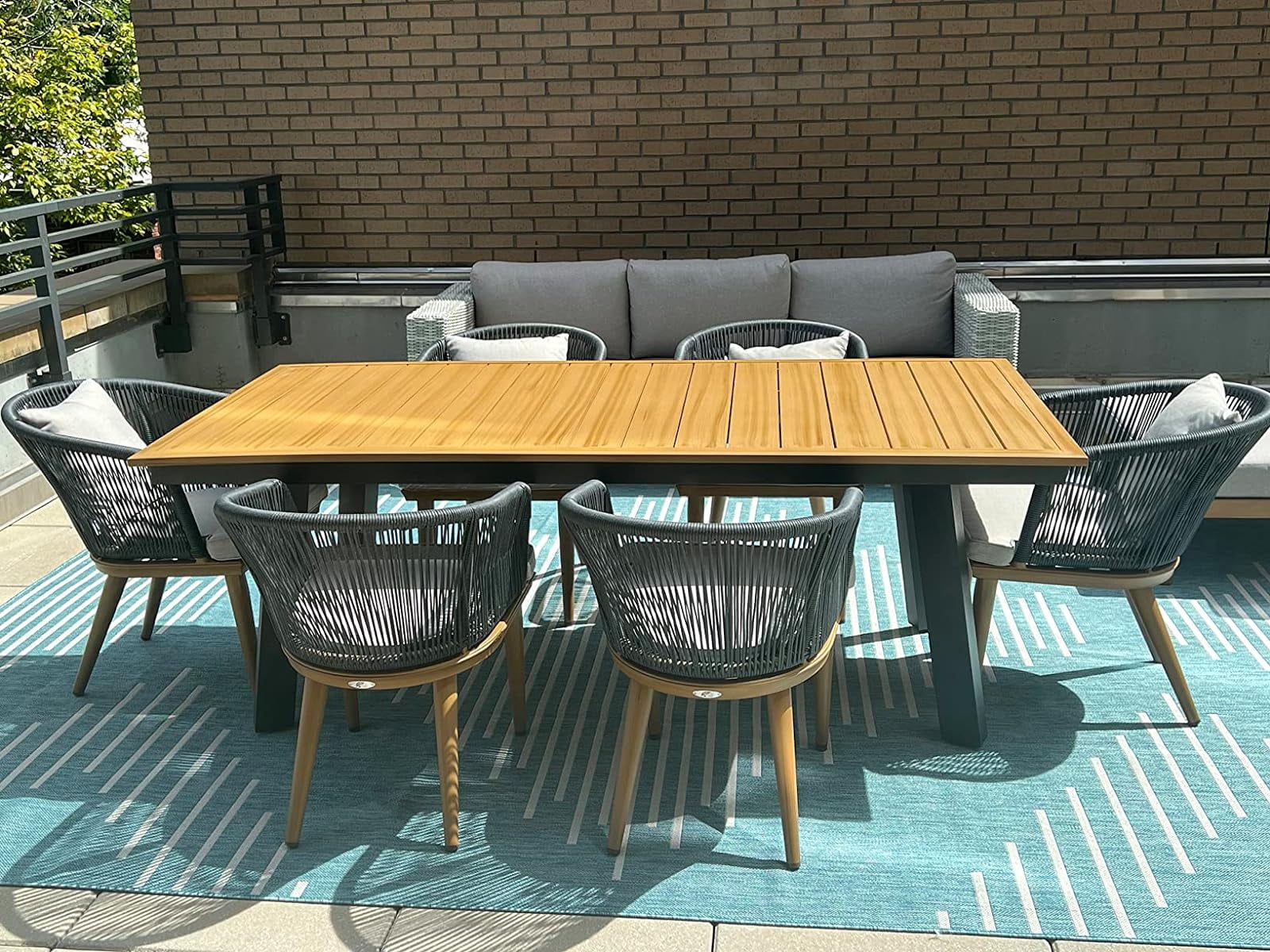 PURPLE LEAF Dining Set 7 Pieces Outdoor Patio Dining Set Teak-Finish Aluminum Frame Wicker Rectangular Table and Armchairs Patio Furniture Set for Garden Backyard Kitchen Set