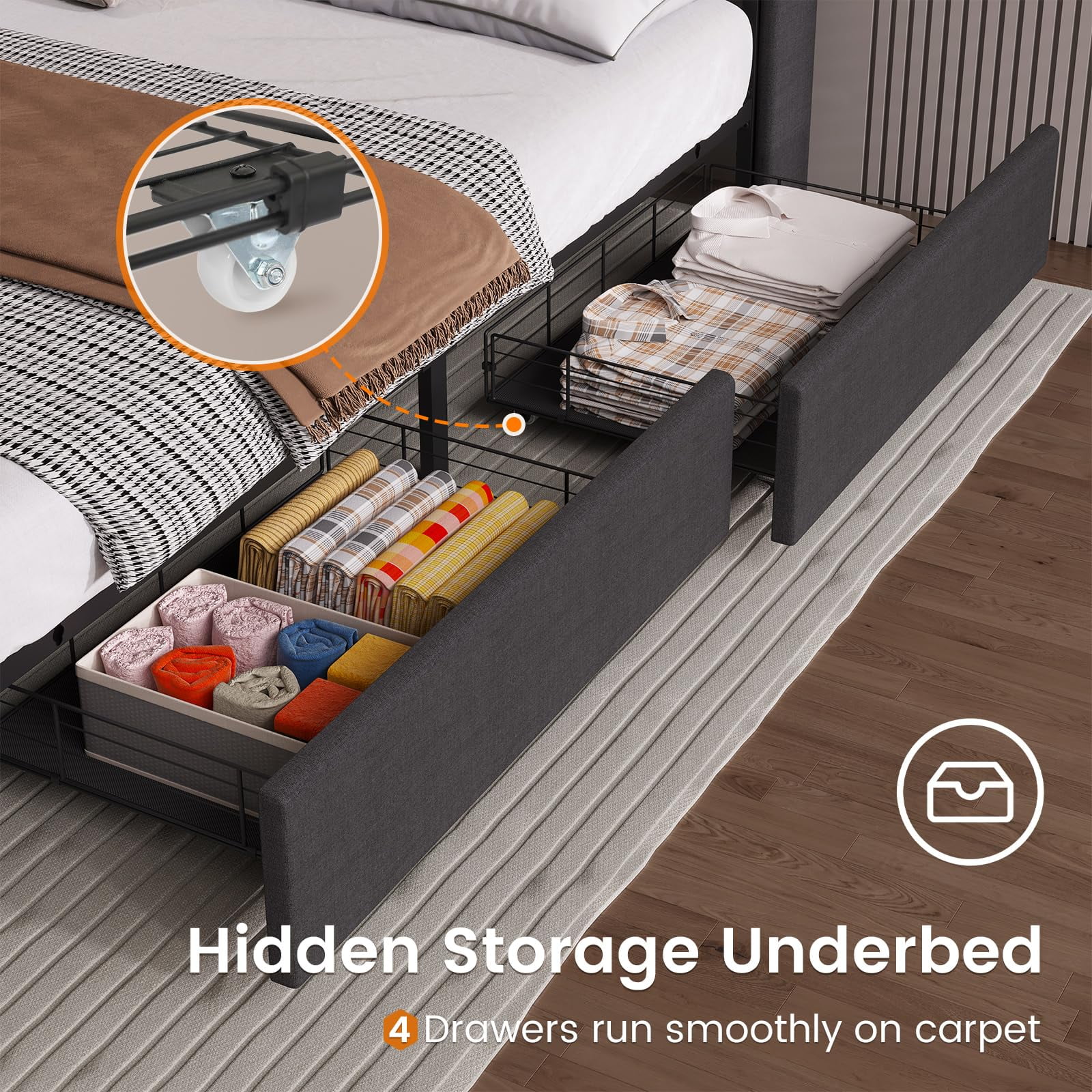 Full Size Bed Frame with LED Lights Headboard & USB-C/A Charging Station, Modern Upholstered Platform Bed with 4 Storage Drawers, Heavy Duty Steel Slats,Dark Gray