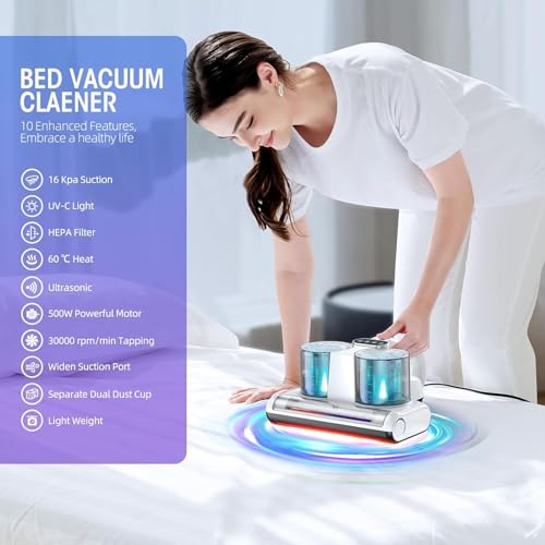 Bed Vacuum Cleaner Mattress Vacuum with UV 16Kpa Suction HEPA Filter 253.7nm UV-C Light & 30000 Rpm/Min Brushroll Rotation & Heating & Ultrasonic Quintuple Tech , Widened Suction Port, 500W, Corded