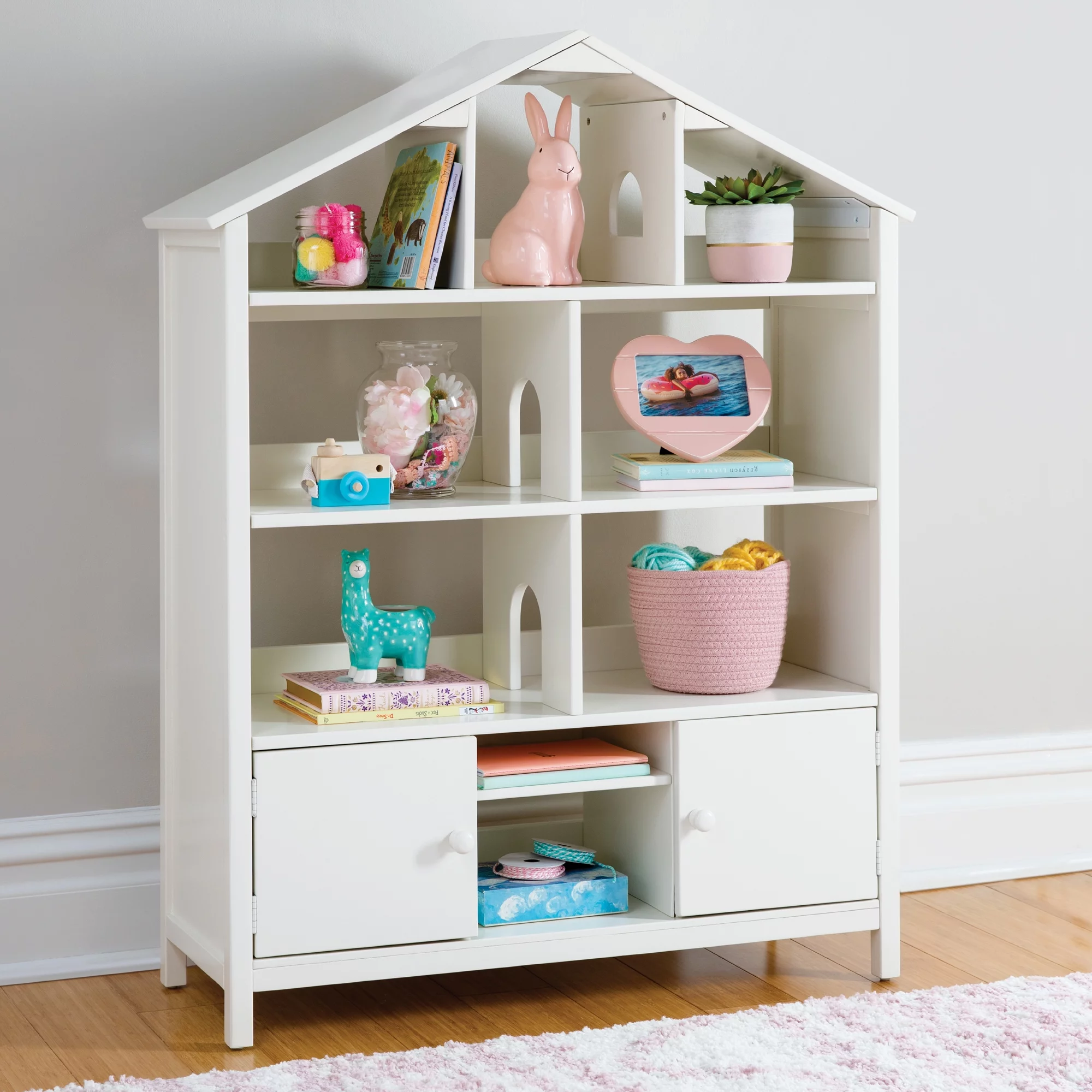 Martha Stewart Kids Jr. Dollhouse Bookcase - Creamy White: Wooden Organizer Shelves with two Storage Compartments for Books, Dolls, Toys, and School Supplies | Children's Bedroom Furniture - Ages 2-8