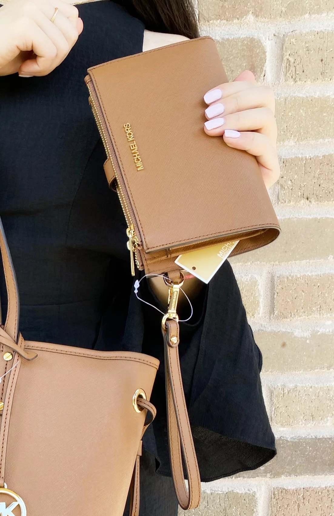 Michael Kors Jet Set Double Zip Wristlet Leather Phone Wallet Luggage Brown