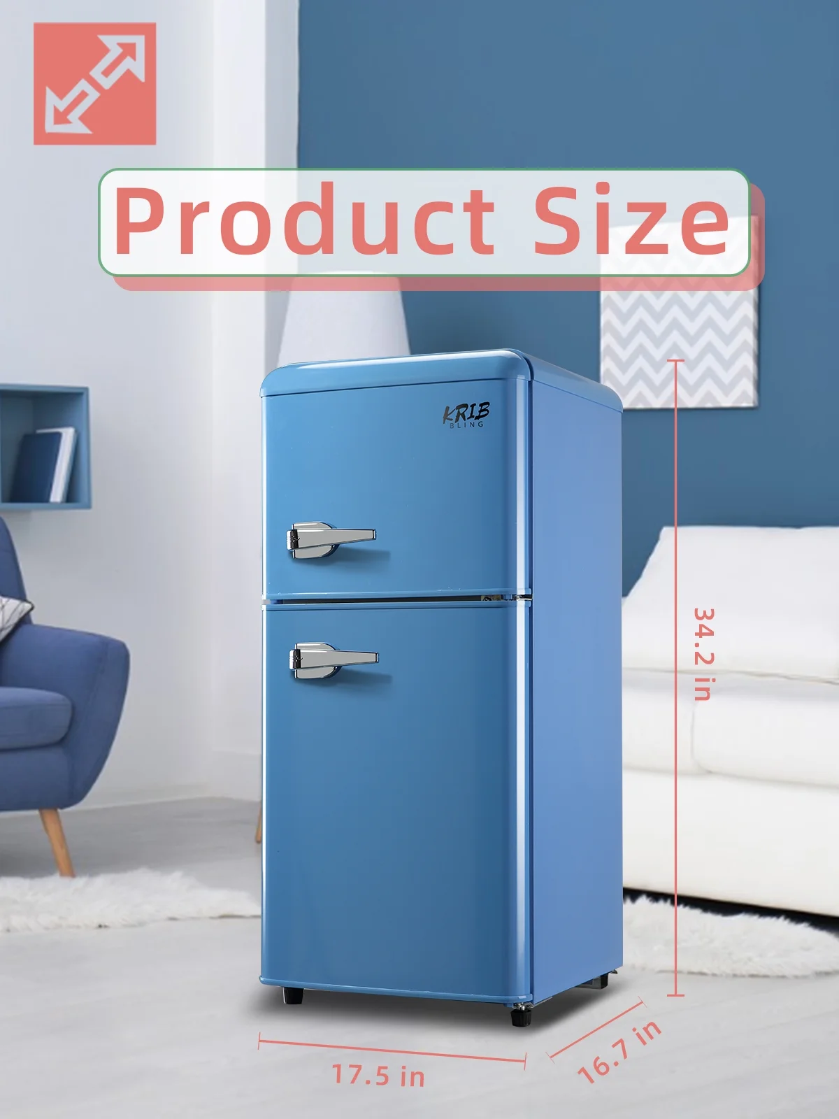 Krib B Compact Refrigerator 3.5 Cu.ft, Mini Fridge with Freezer, Retro Fridge with Dual Door, 7 Grade Temperature Adjustment, Blue