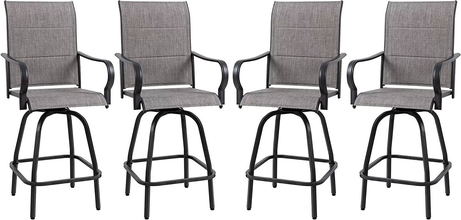 Sobaniilo 4 Pieces Outdoor Patio Swivel Bar Stools, All Weather Padded Sling Textilene High Top Bar Chairs, Bistro Set for Backyard, Lawn Garden, Balcony, Gray