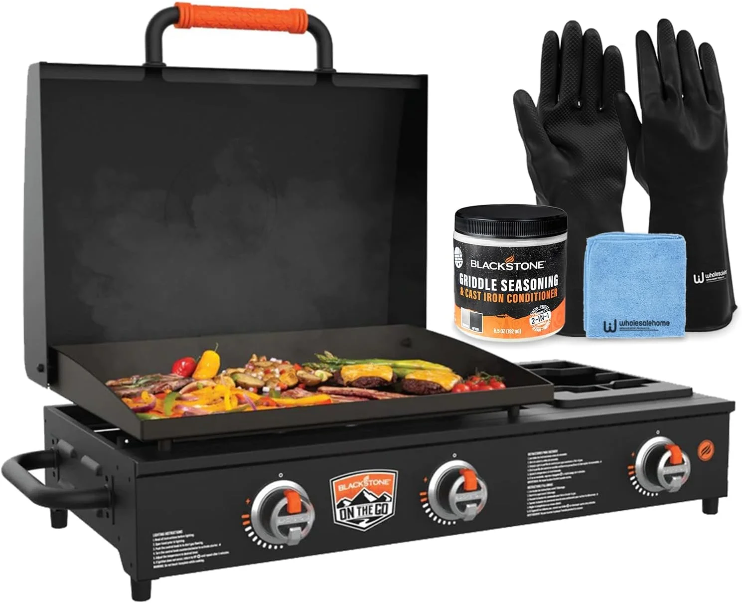 22 inch Blackstone Griddle with Hood and Side Burner, Tabletop Flat Top Grill Propane Powered Portable Gas Grill for Camping and Outdoor BBQ Grill with Blackstone Seasoning, and Wholesalehome Gloves