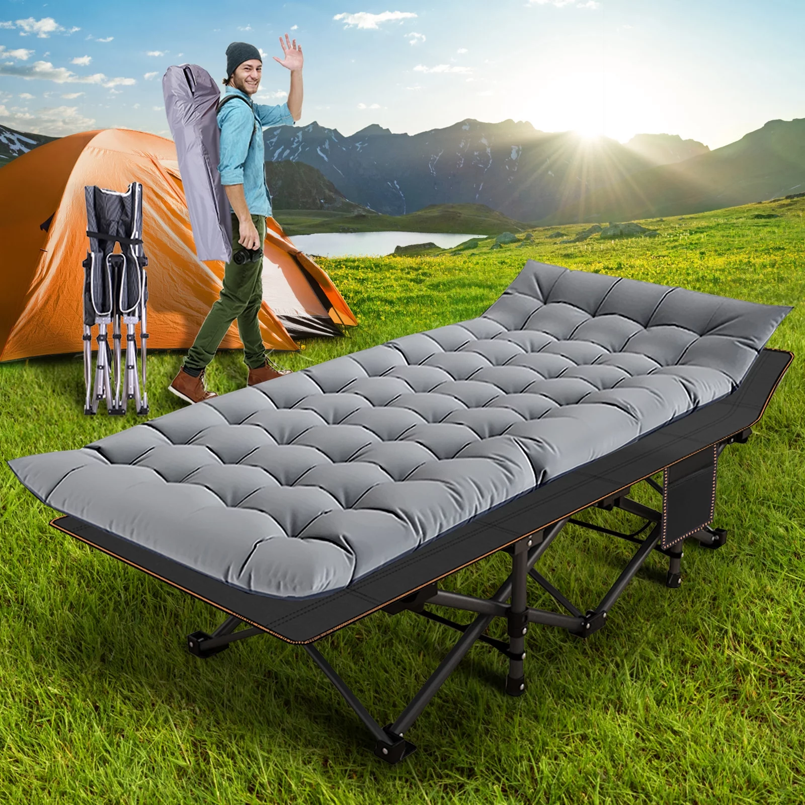 Slsy Folding Bed with 3.3 Inch 2 Sided Mattress & Carry Bag for Adults & Kids, Camping Cot, Sleeping Cot, Folding Guest Bed, Heavy Duty Supports 880 Lbs