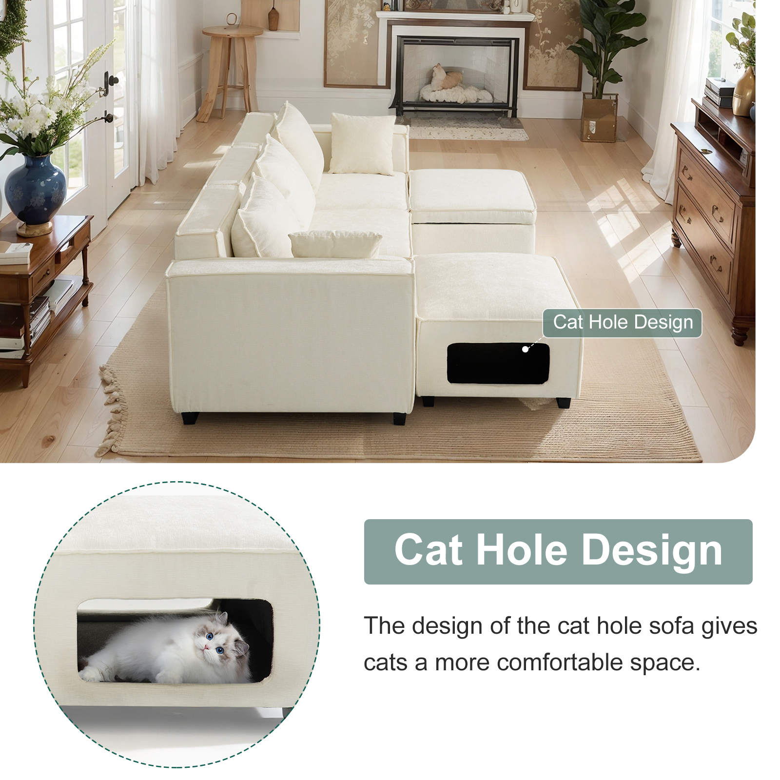 THLAND Modular Sectional Sofa with Cathole Ottoman Storage Footstool，U Shaped L Shaped Couch , 108