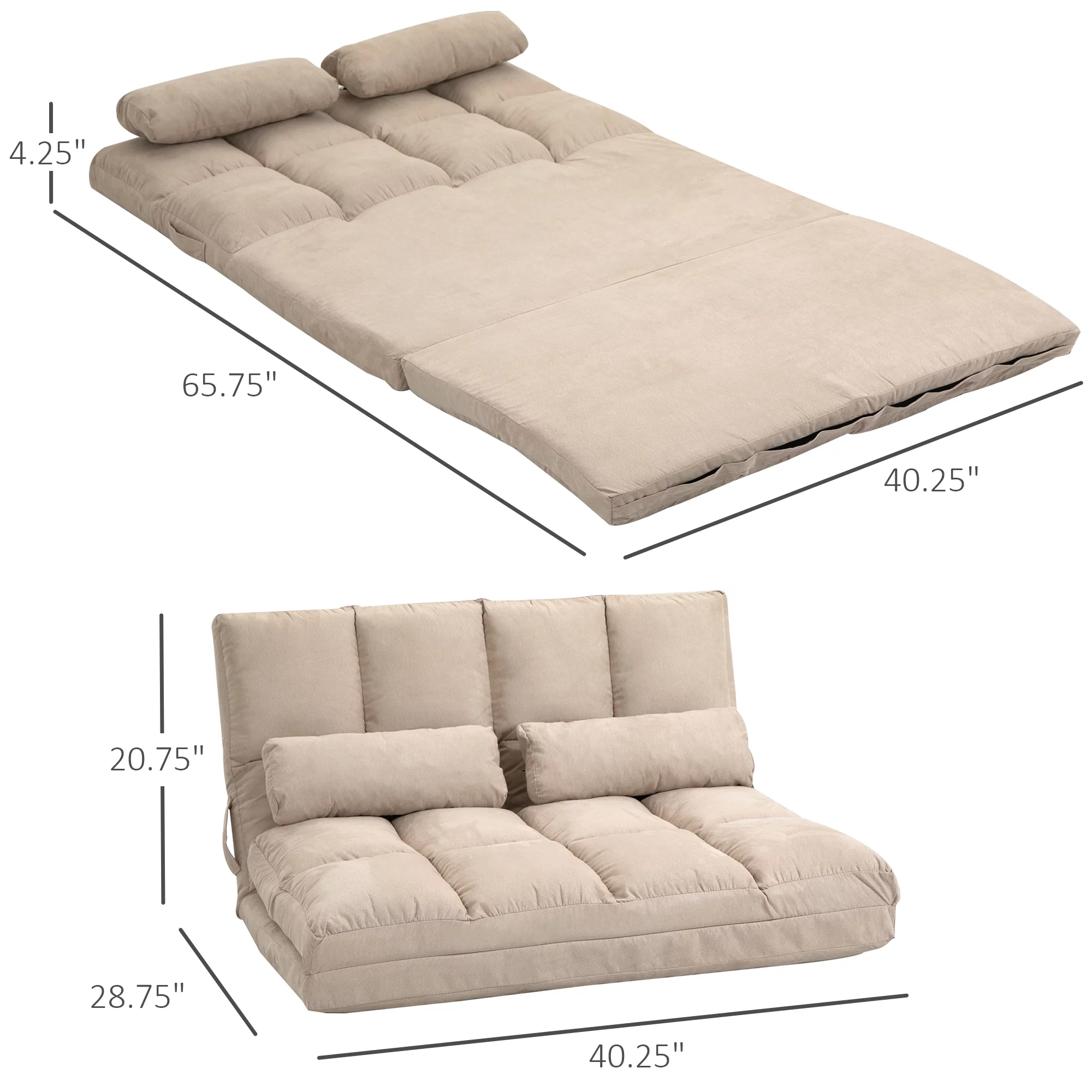 HOMCOM Convertible Floor Sofa with 7 Position Adjustable Backrest, Thick Padding, Metal Frame and 2 Pillows