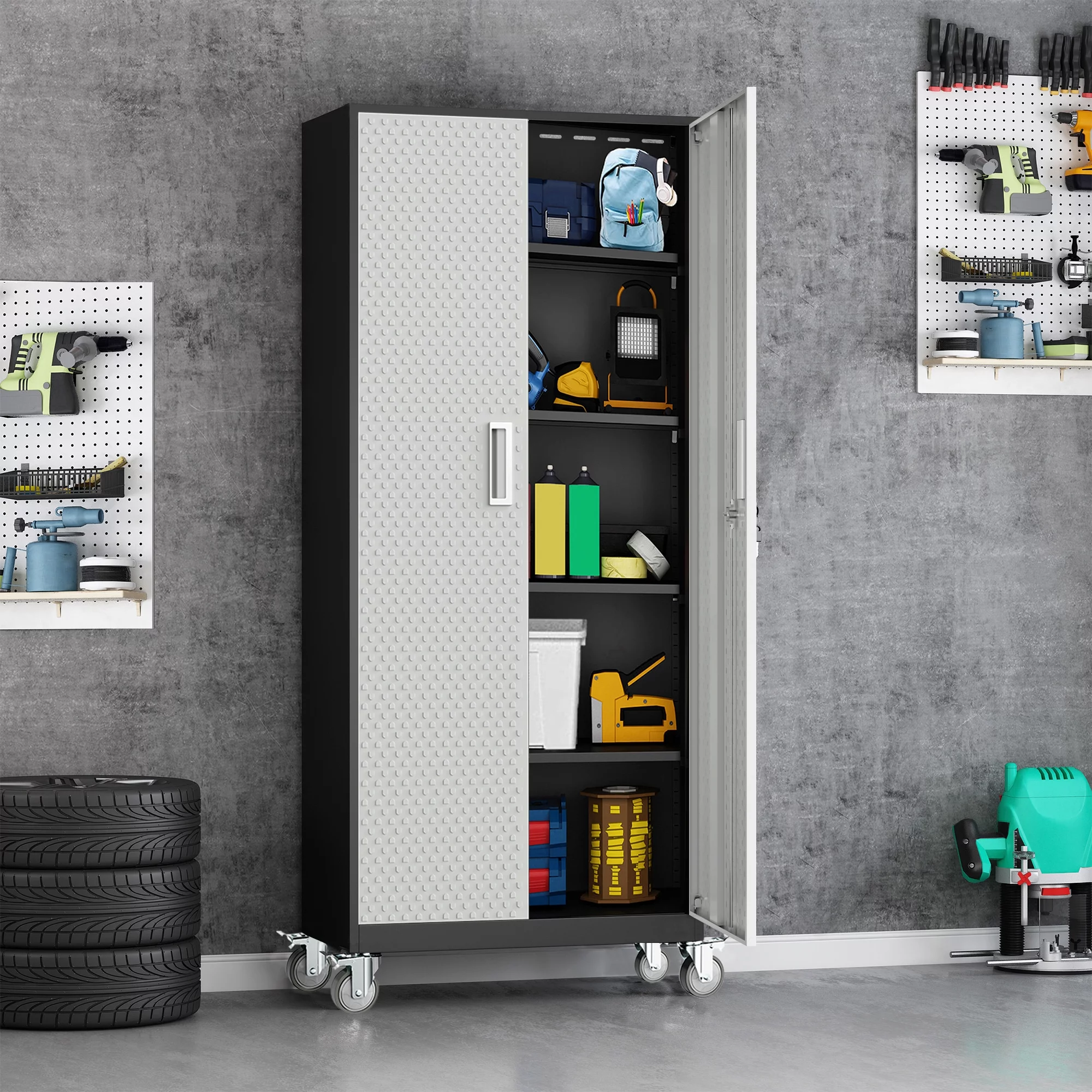 Tall Metal Storage Garage Cabinets with Wheels Locking Doors and 4 Adjustable Shelves, Double Handles, Steel Storage Cabinet for Garage, Office, Bedroom,Classroom, School,Gym (Gray with Pulleys)