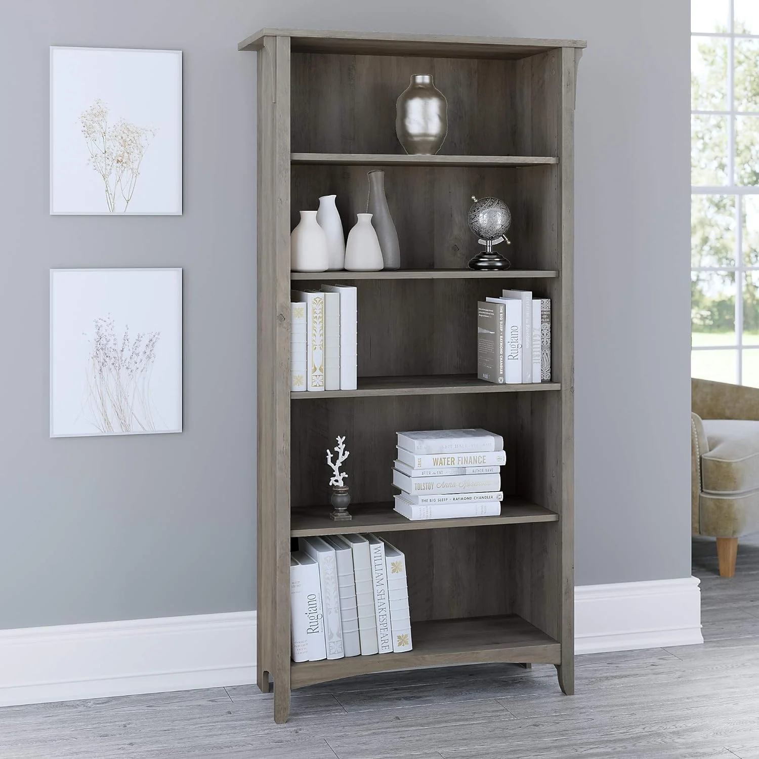 Salinas 5-Shelf 63-Inch H Bookcase, Driftwood Gray