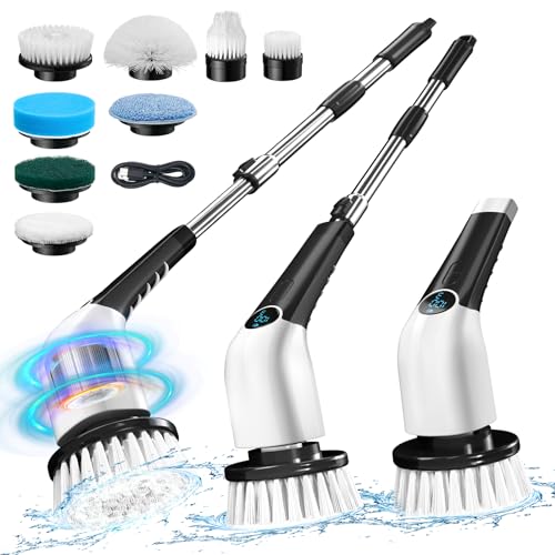 Jorking Electric Spin Scrubber, Cordless Power Scrubber Up to 420RPM Powerful Cleaning, Shower Scrubber for Cleaning Bathtub, Tile and Floor with 8 Types of Replaceable Brush Heads, Voice Broadcast