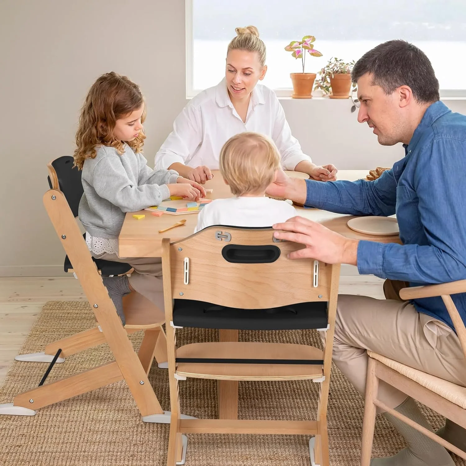 Cowiewie Wooden High Chair with Plastic Tray, Toddler Feeding High Chair, 8 Height Adjustments, with Cushion and Harness